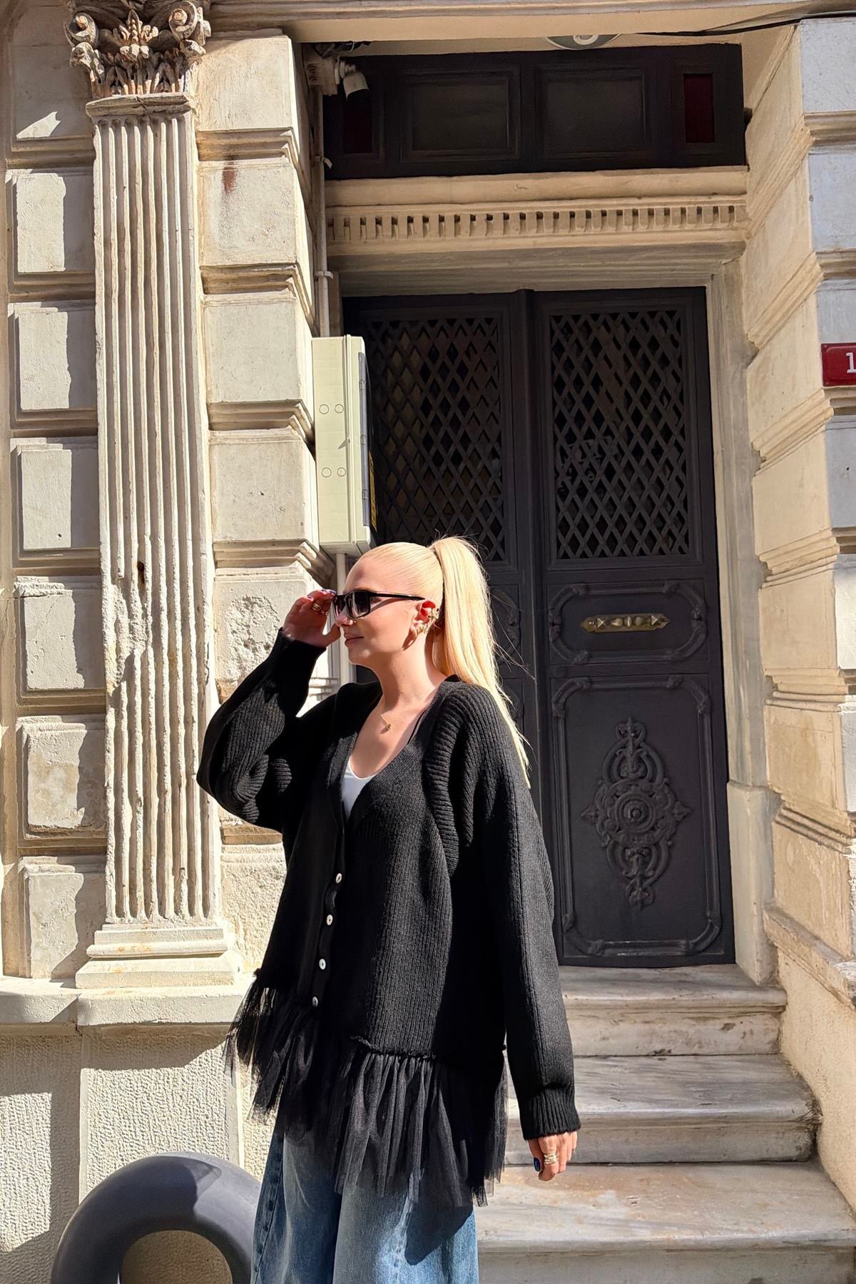 TÜL GARNİLİ OVERSİZE HIRKA