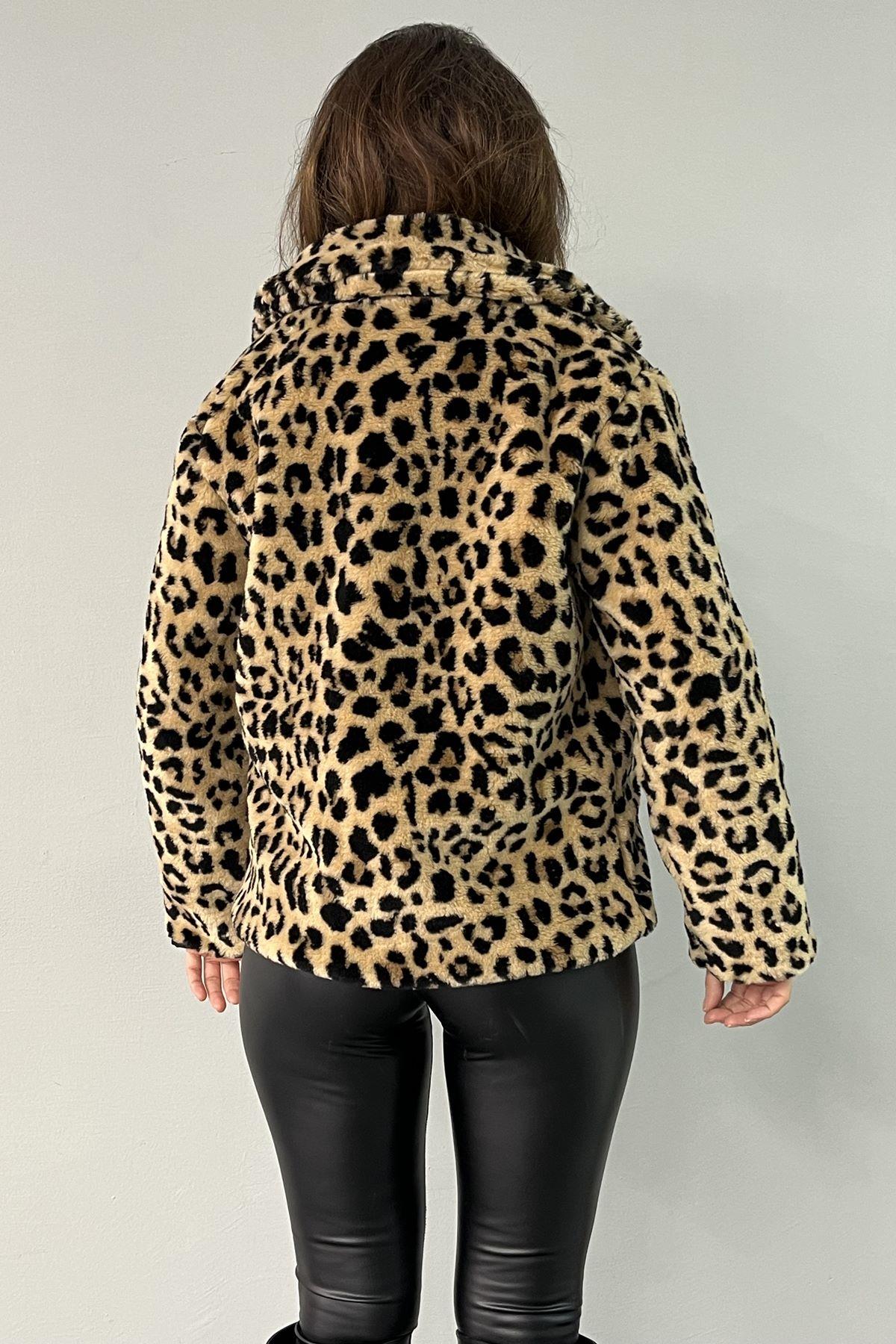 MONO YAKA LEOPAR PELÜŞ KISA KABAN