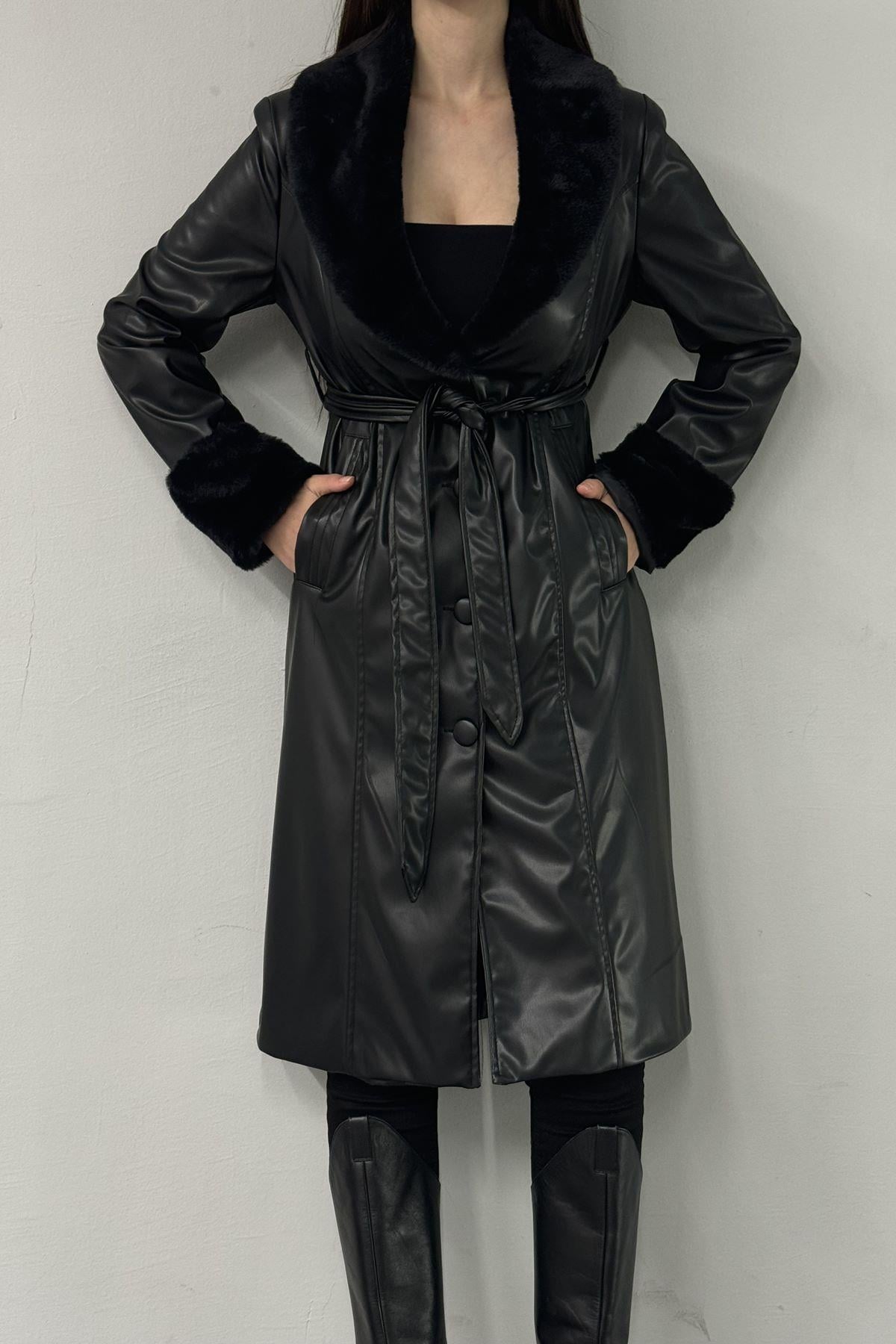 ŞAL YAKA KÜRK DETAYLI DERİ KABAN