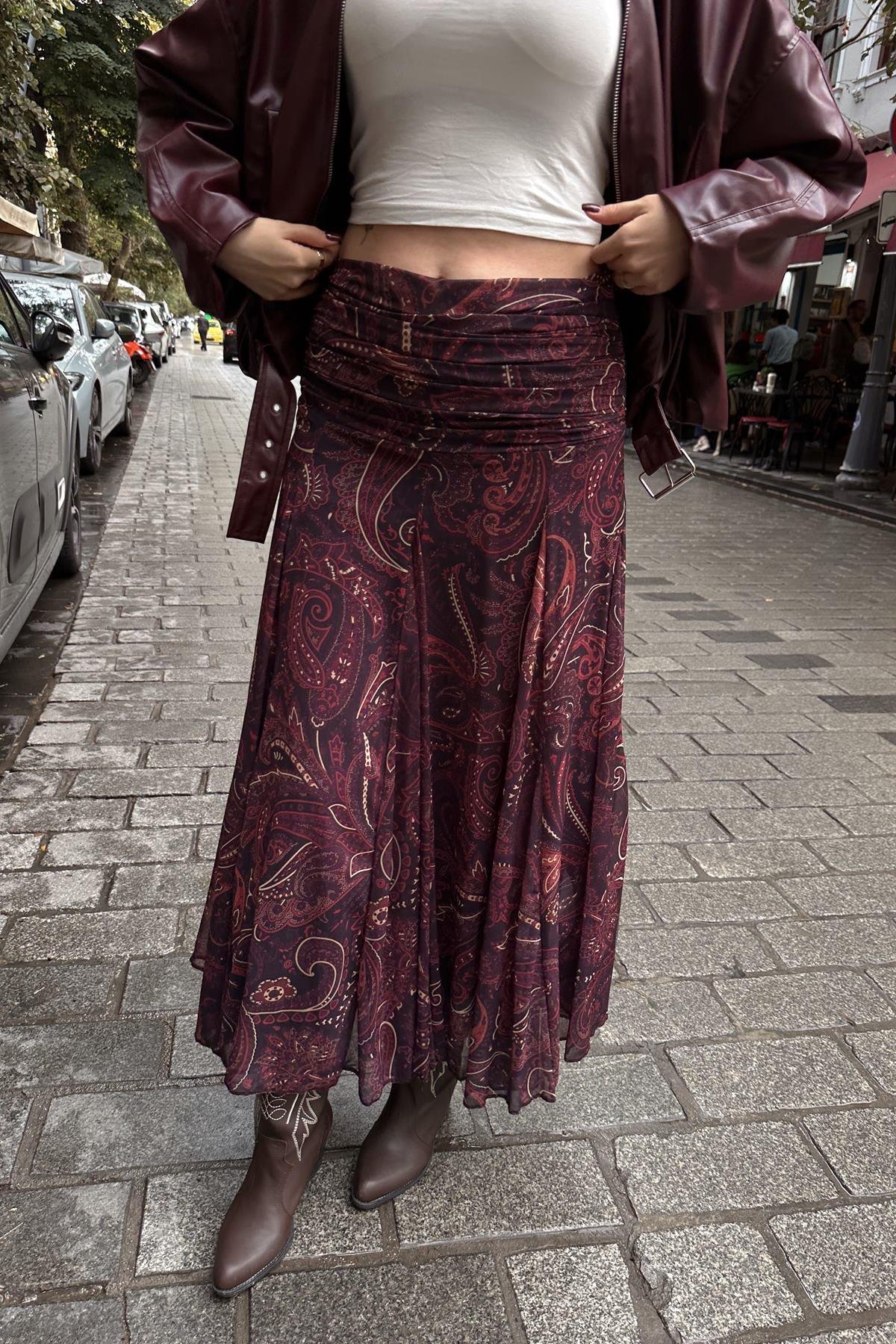 DESENLİ BEL DRAPELİ ŞİFON ETEK
