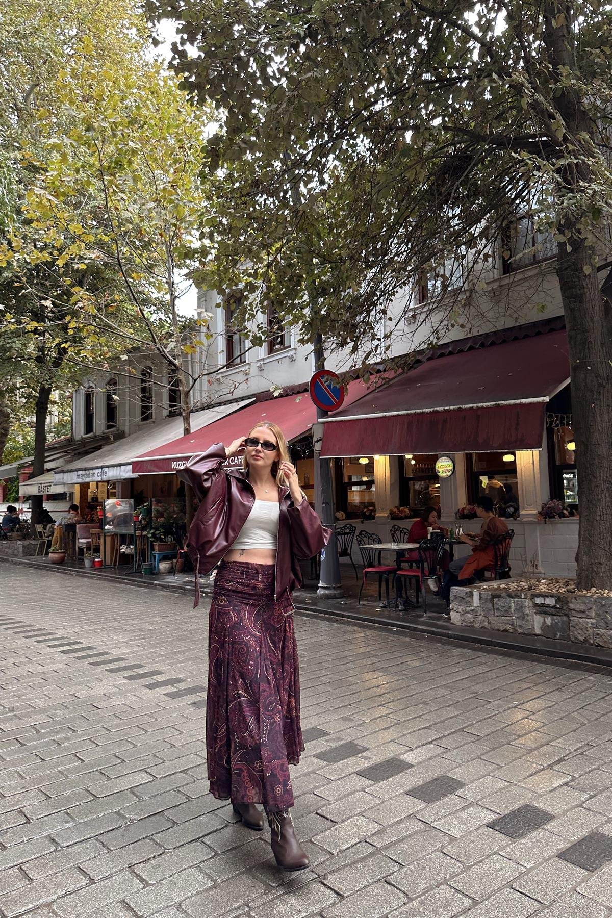 DESENLİ BEL DRAPELİ ŞİFON ETEK