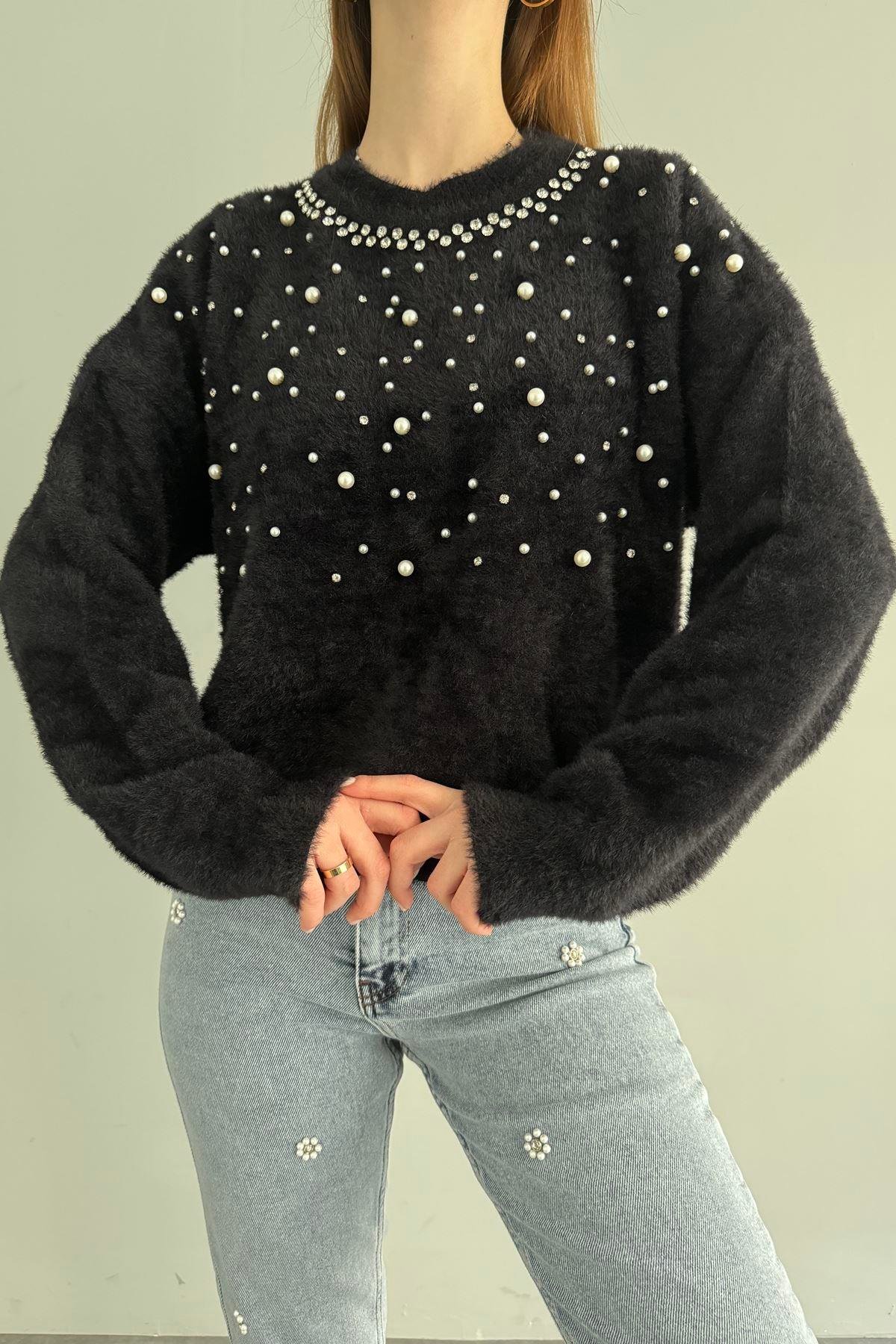 ANGORA SERPME İNCİLİ YAKA TAŞLI TRIKO KAZAK