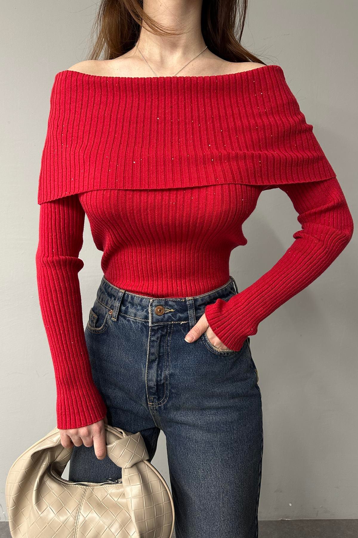 BARDOT YAKA PULLU FİTİLLİ TRIKO KAZAK