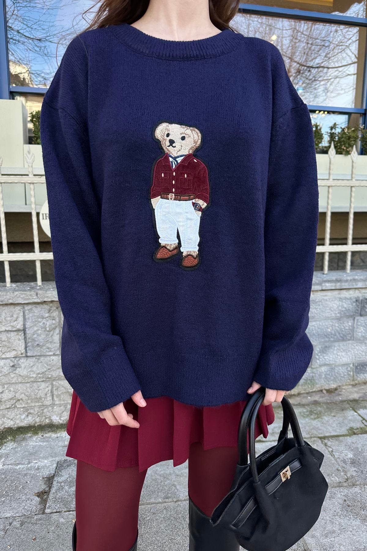 BİSİKLET YAKA AYICIK DESEN OVSİZE TRIKO KAZAK