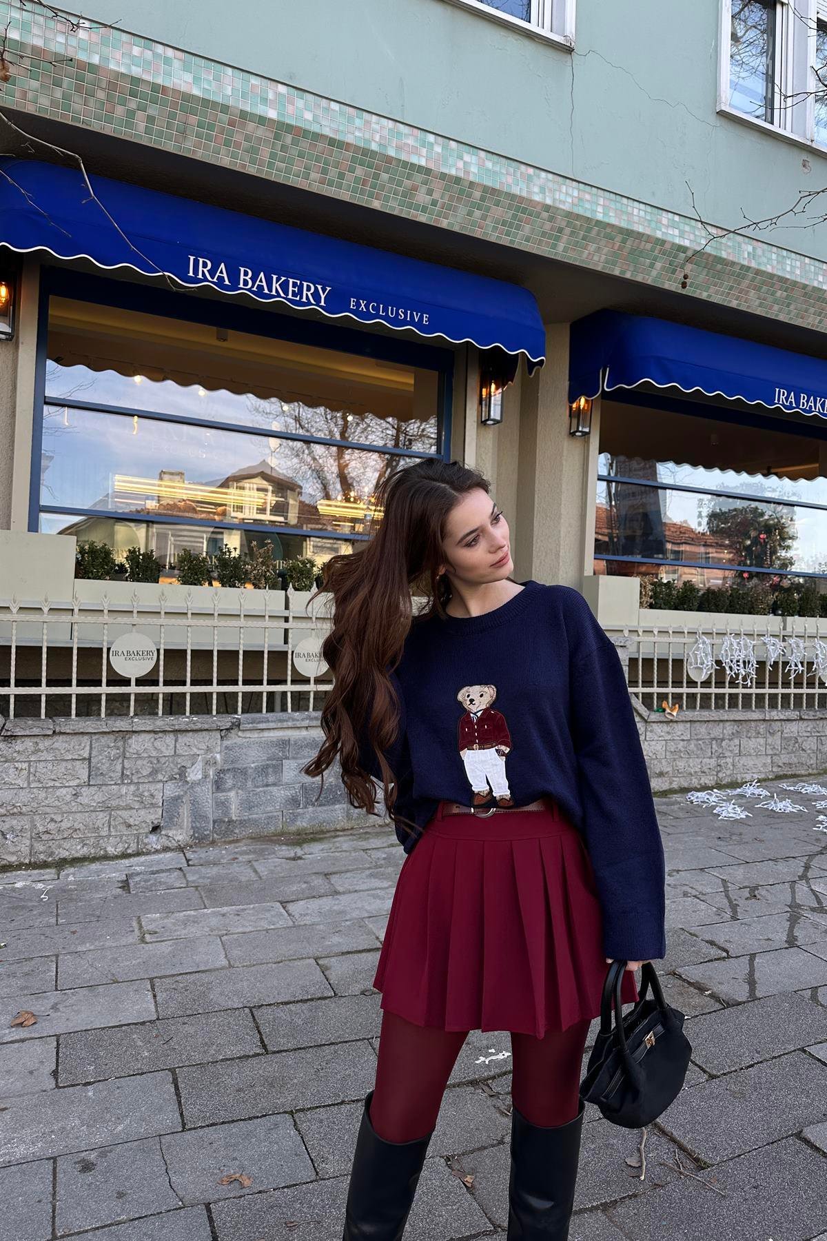 BİSİKLET YAKA AYICIK DESEN OVSİZE TRIKO KAZAK