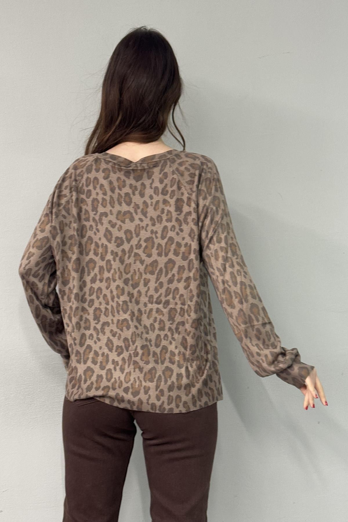 BİSİKLET YAKA LEOPAR DESEN TRIKO KAZAK