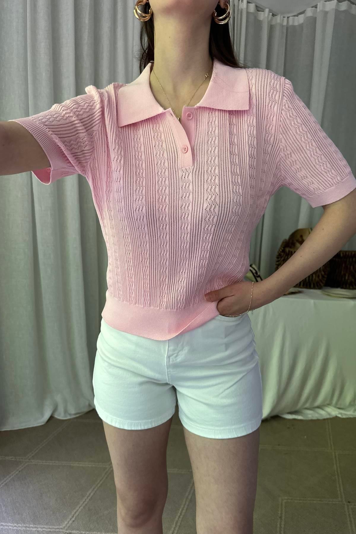 POLO YAKA DÜĞMELİ AJURLU TRIKO BLUZ