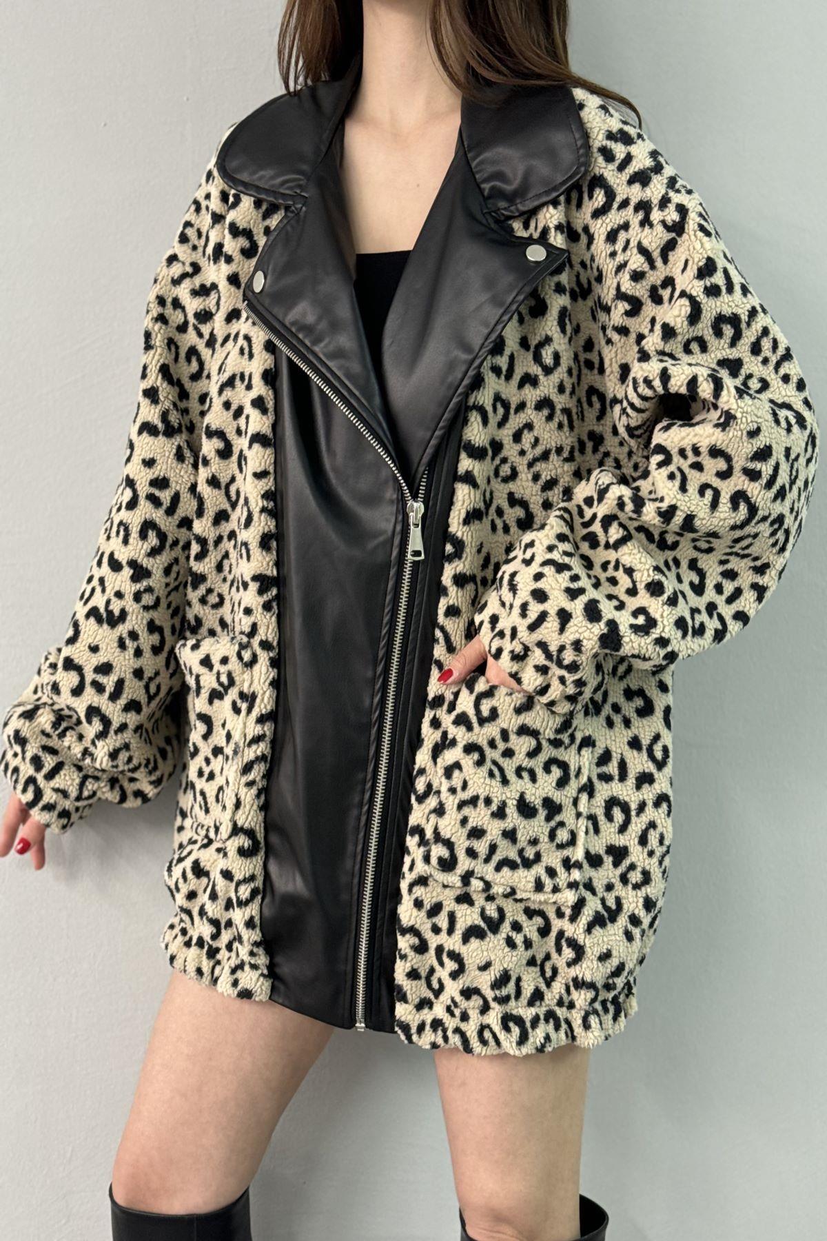 DERİ GARNİLİLEOPAR DESEN PELÜŞ MONT