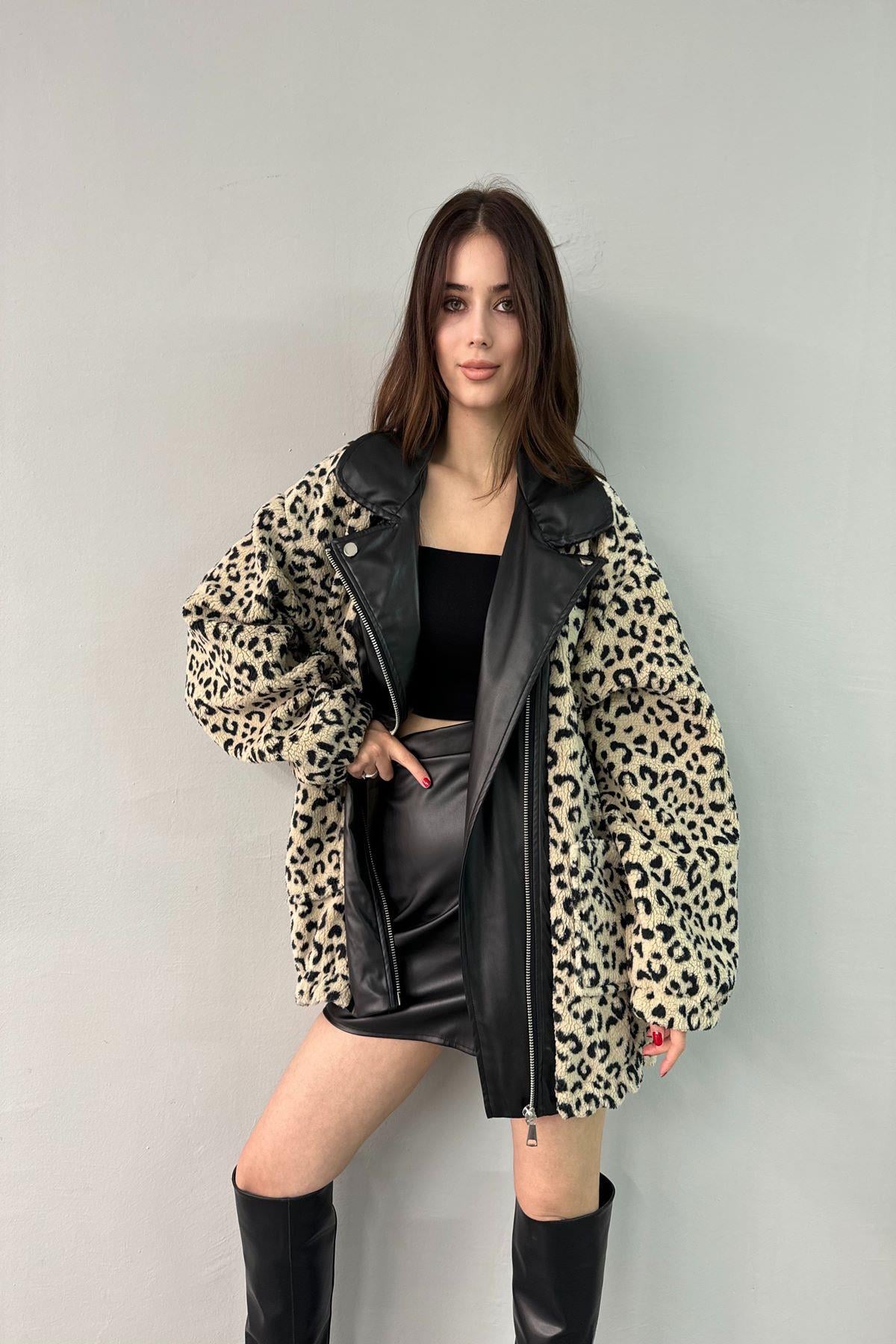 DERİ GARNİLİLEOPAR DESEN PELÜŞ MONT
