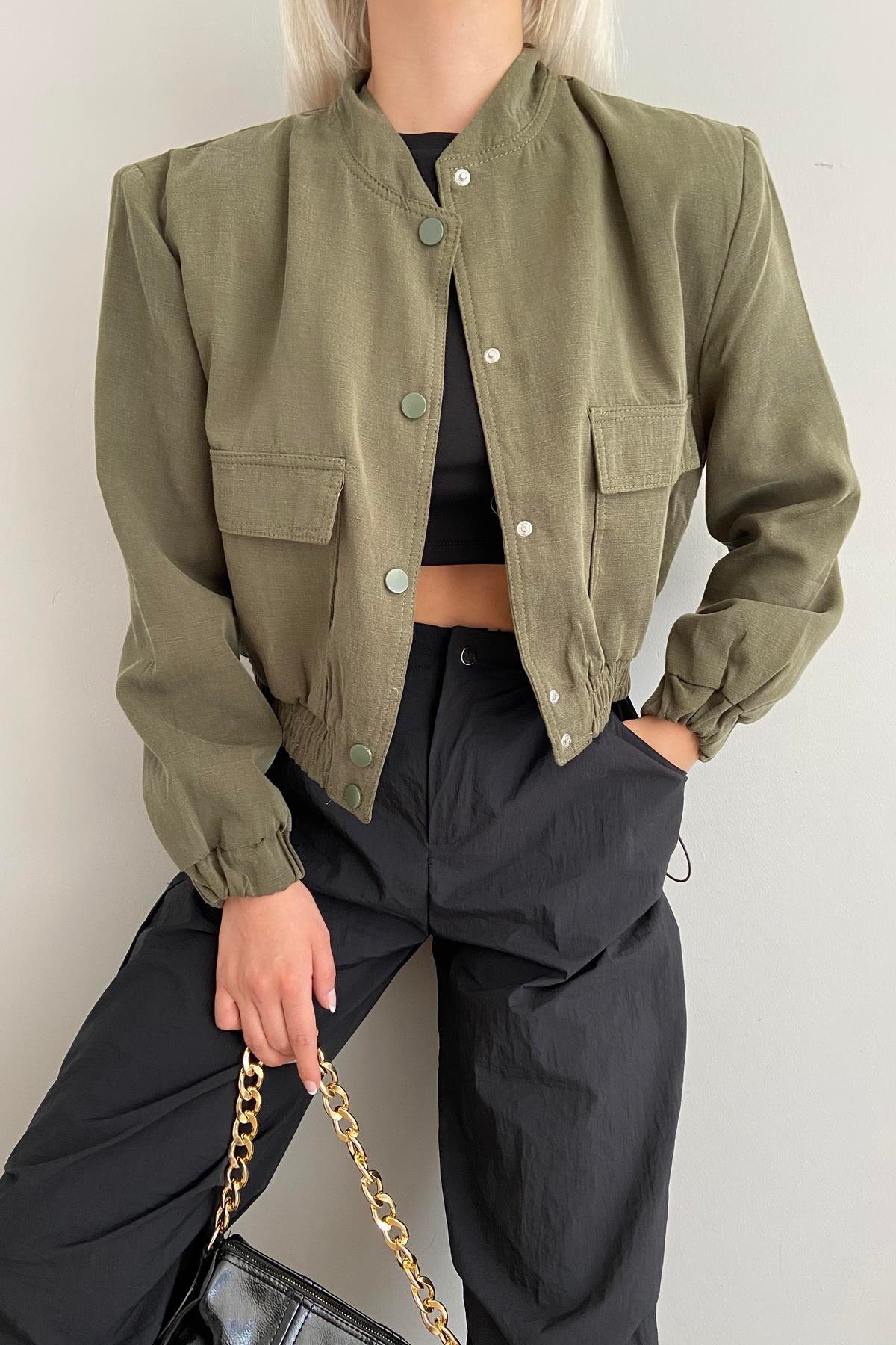 ÖNÜ CEPLİ TENCEL BOMBER CEKET