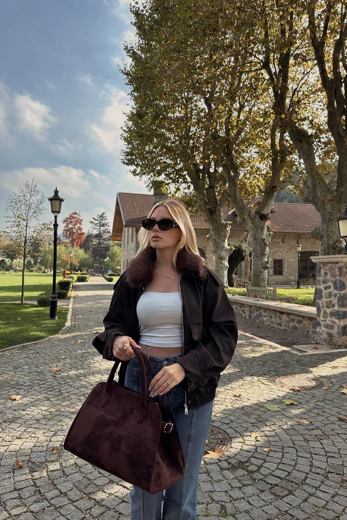 YAKA KÜRK DETAY DERİ CEKET