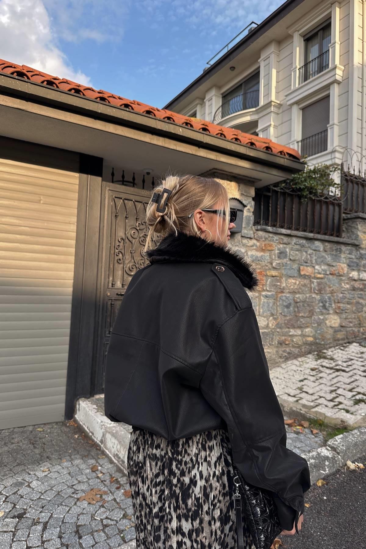 YAKA KÜRK DETAY DERİ CEKET