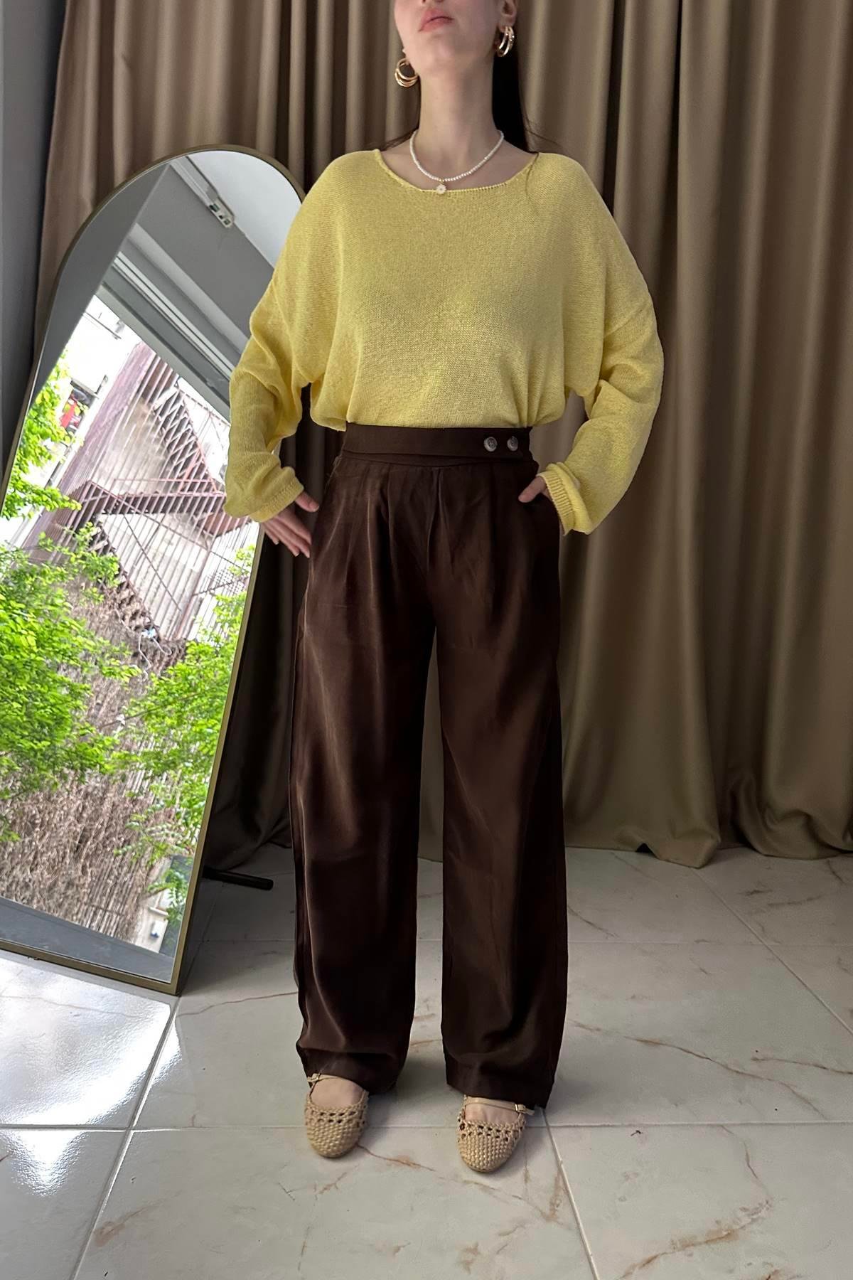 BEL DÜĞME DETAY PİLELİ TENCEL PANTOLON