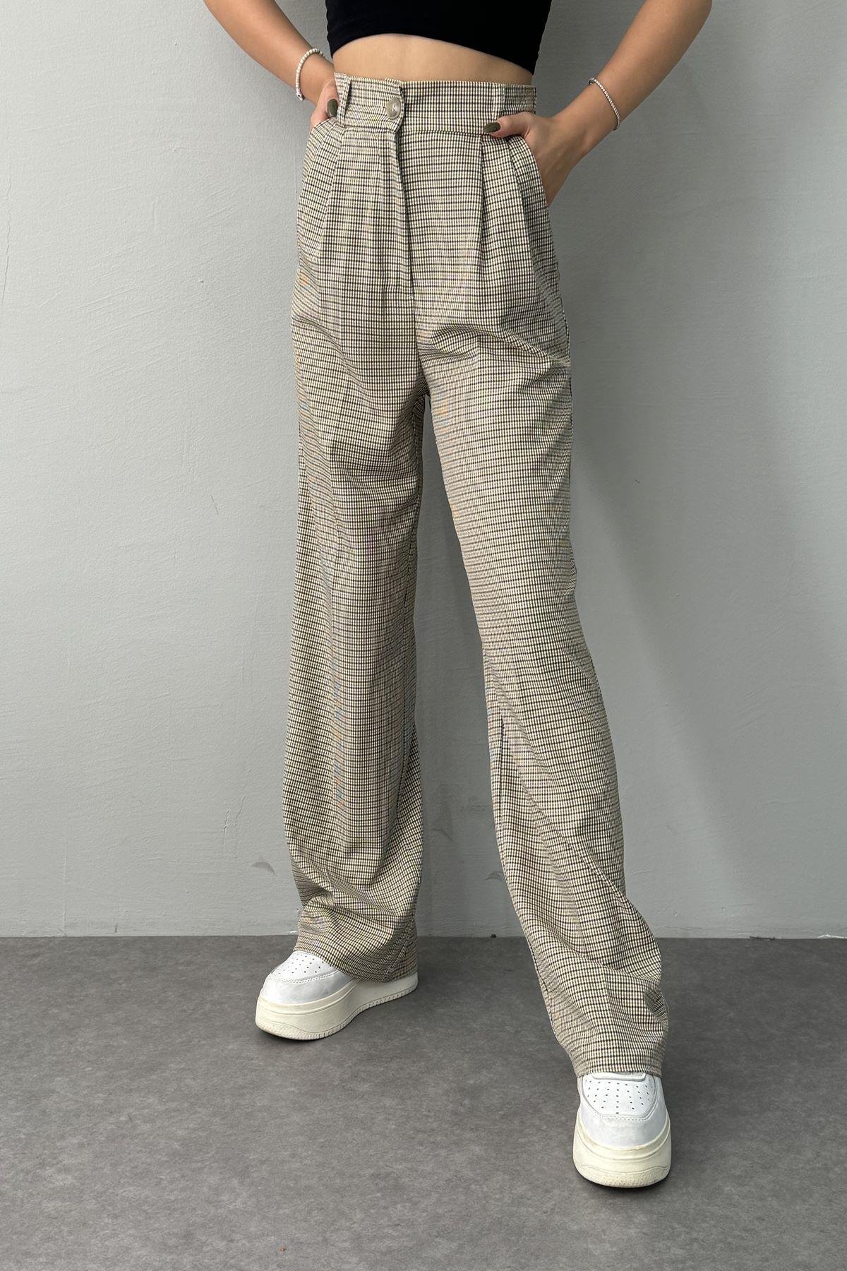 BEL LASTİK DETAY EKOSE PANTOLON