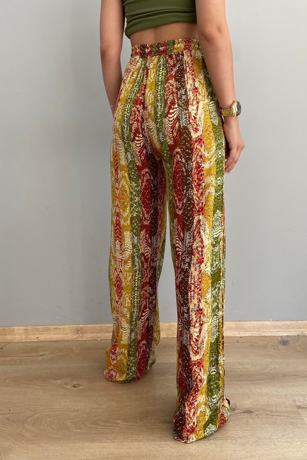 BEL LASTİKLİ DESENLİ BOL PANTOLON
