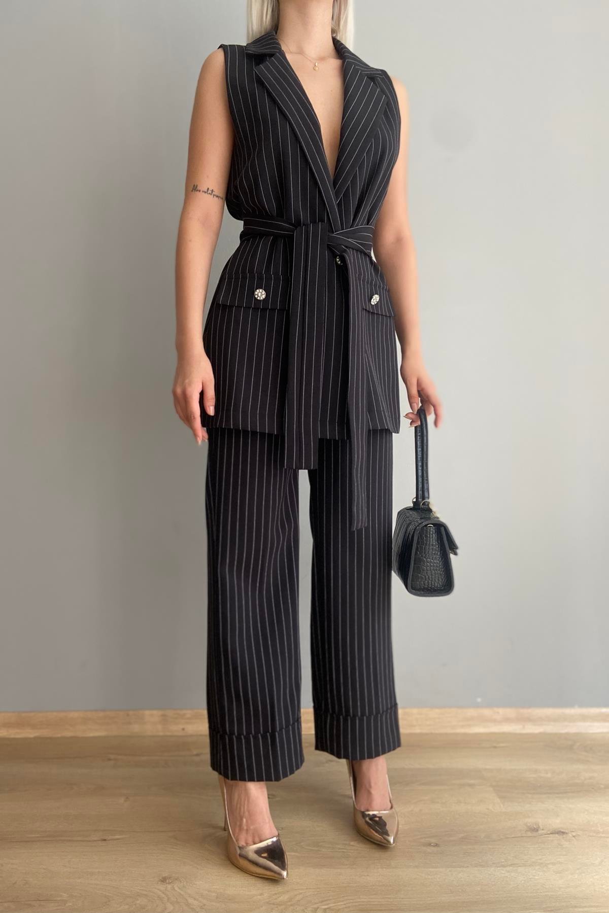 BEL LASTİKLİ DUBEL PAÇA ÇİZGİLİ PANTALON
