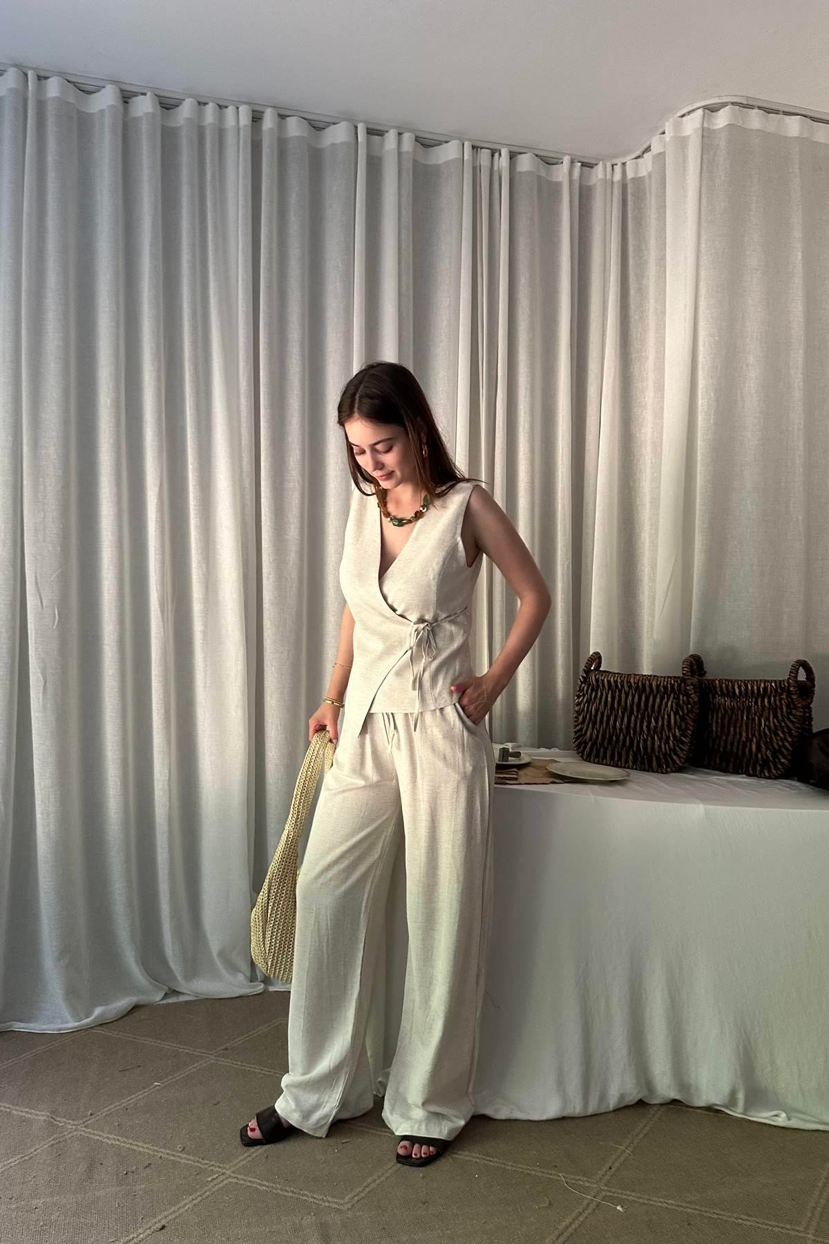 BEL LASTİKLİ KETEN PANTOLON