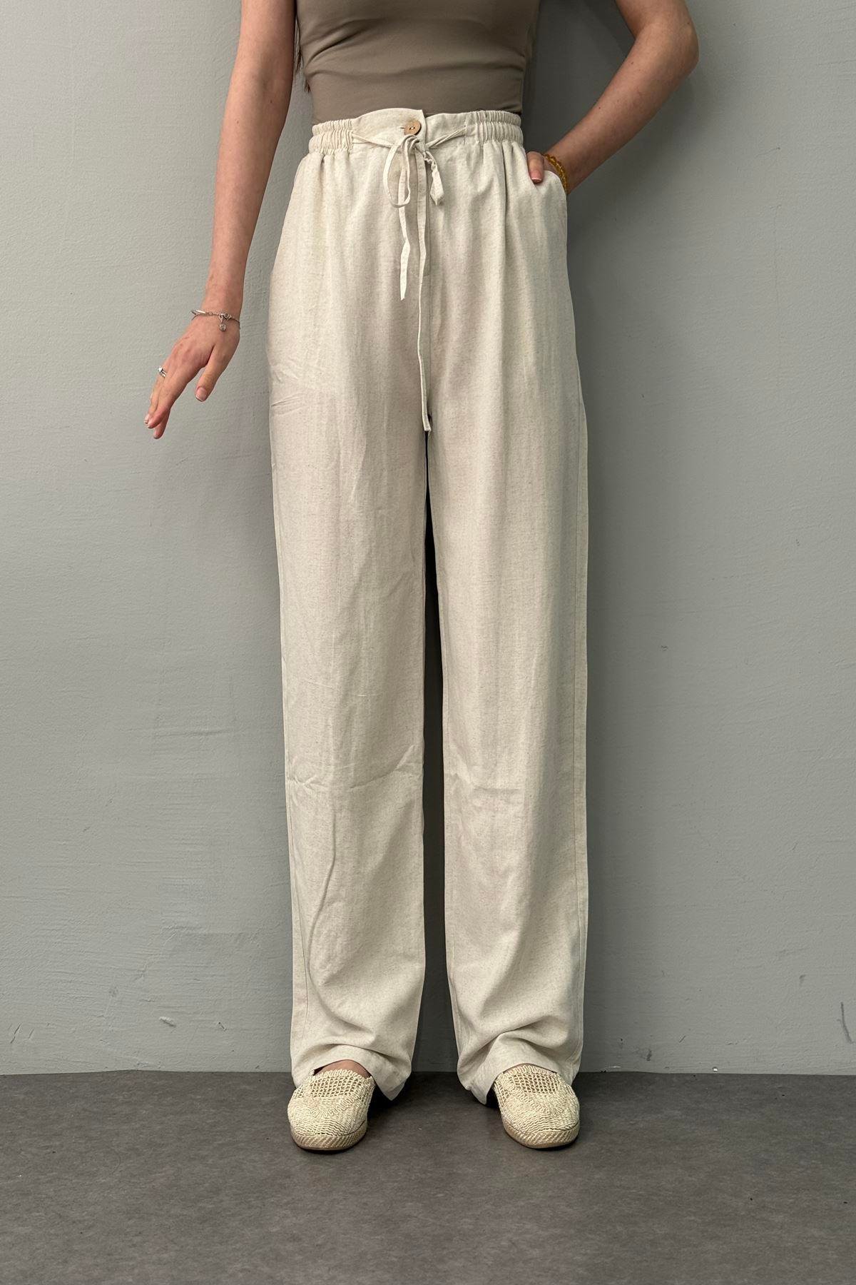 BEL LASTİKLİ KETEN PANTOLON