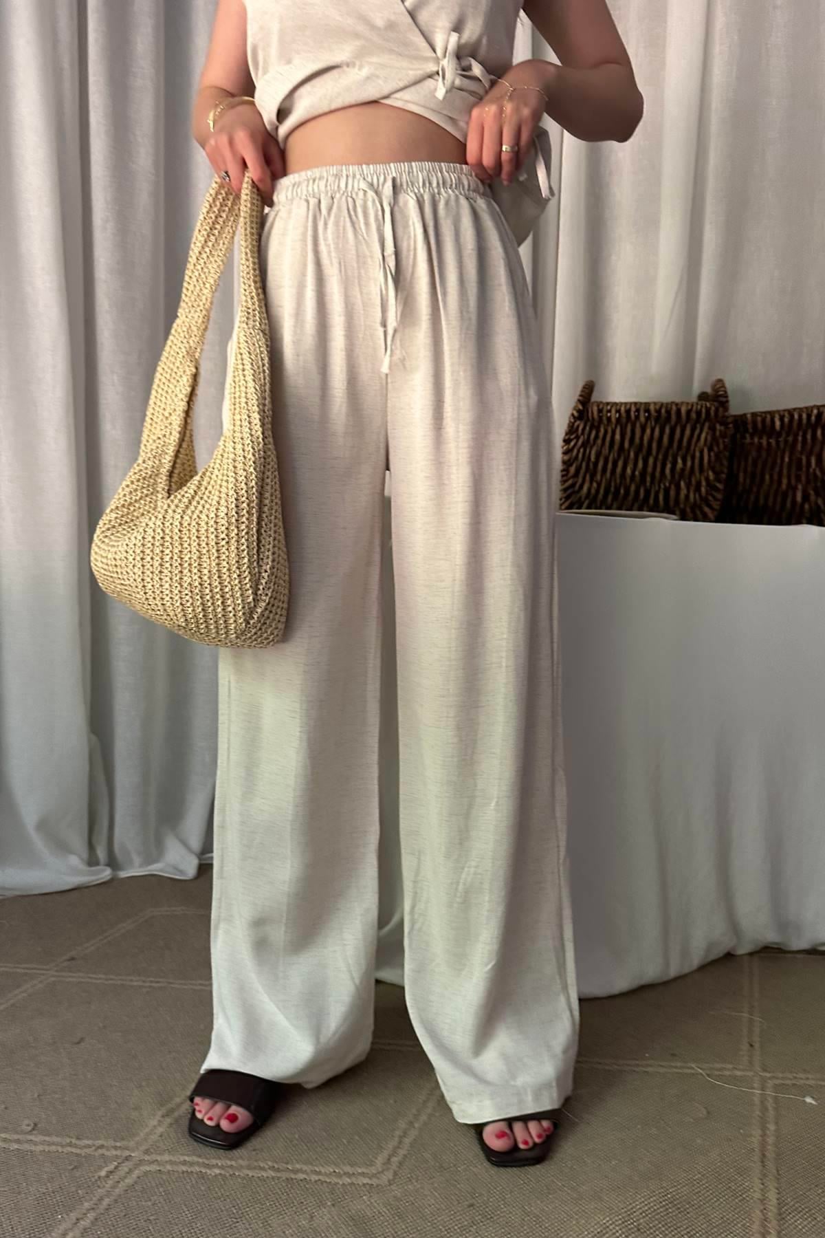 BEL LASTİKLİ KETEN PANTOLON