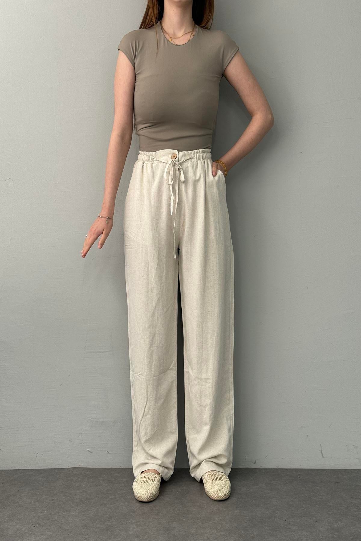 BEL LASTİKLİ KETEN PANTOLON