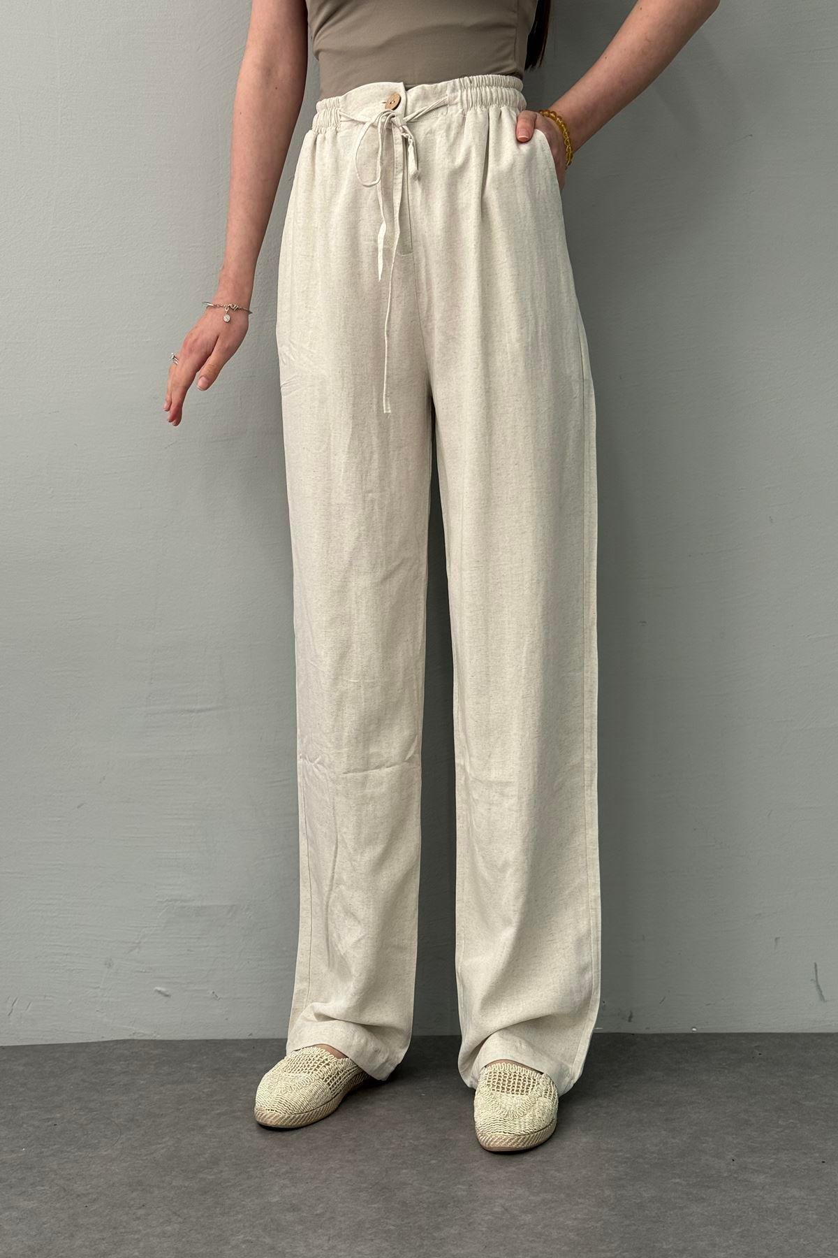 BEL LASTİKLİ KETEN PANTOLON