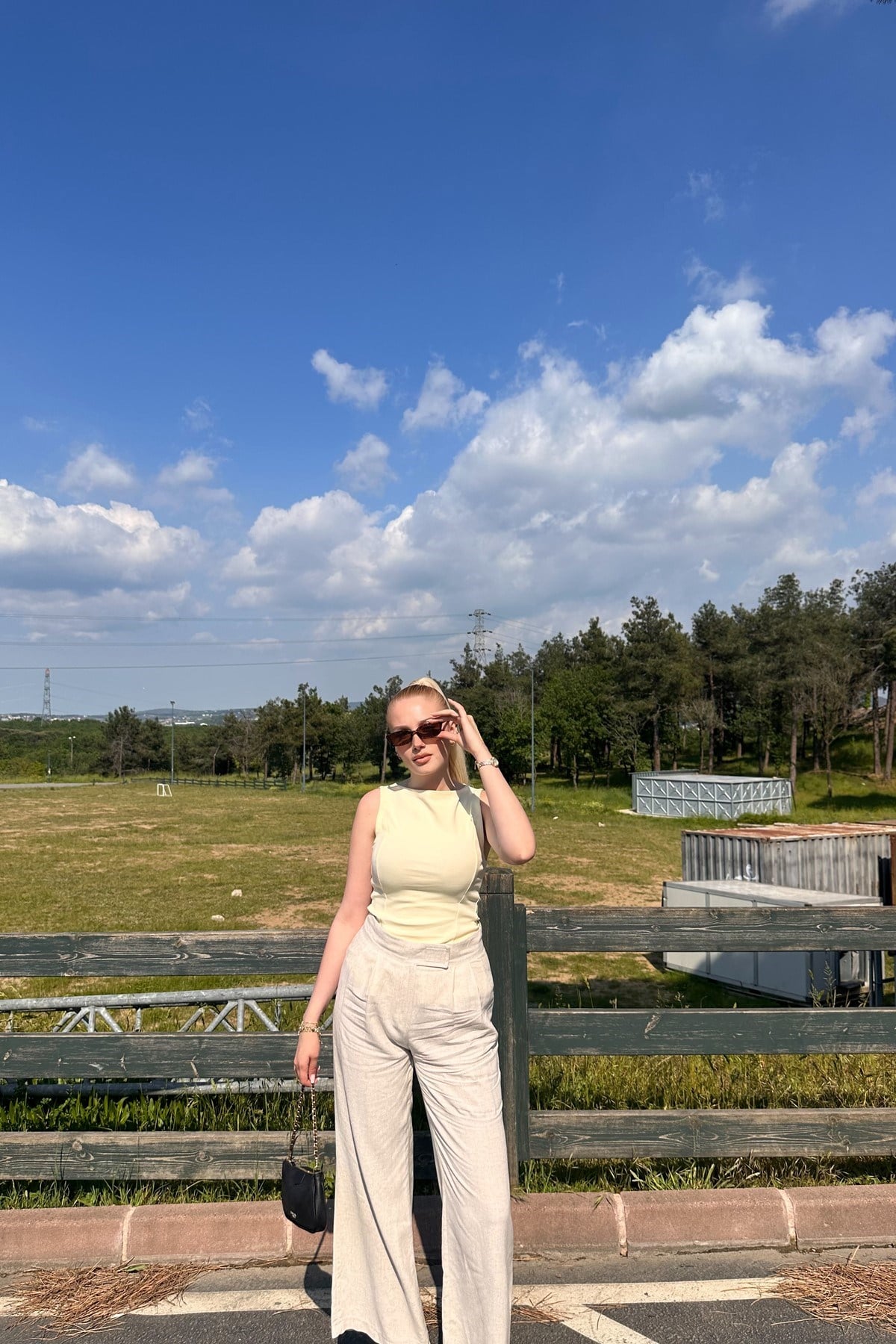 BELİ CIRTLI PALAZZO KETEN PANTOLON