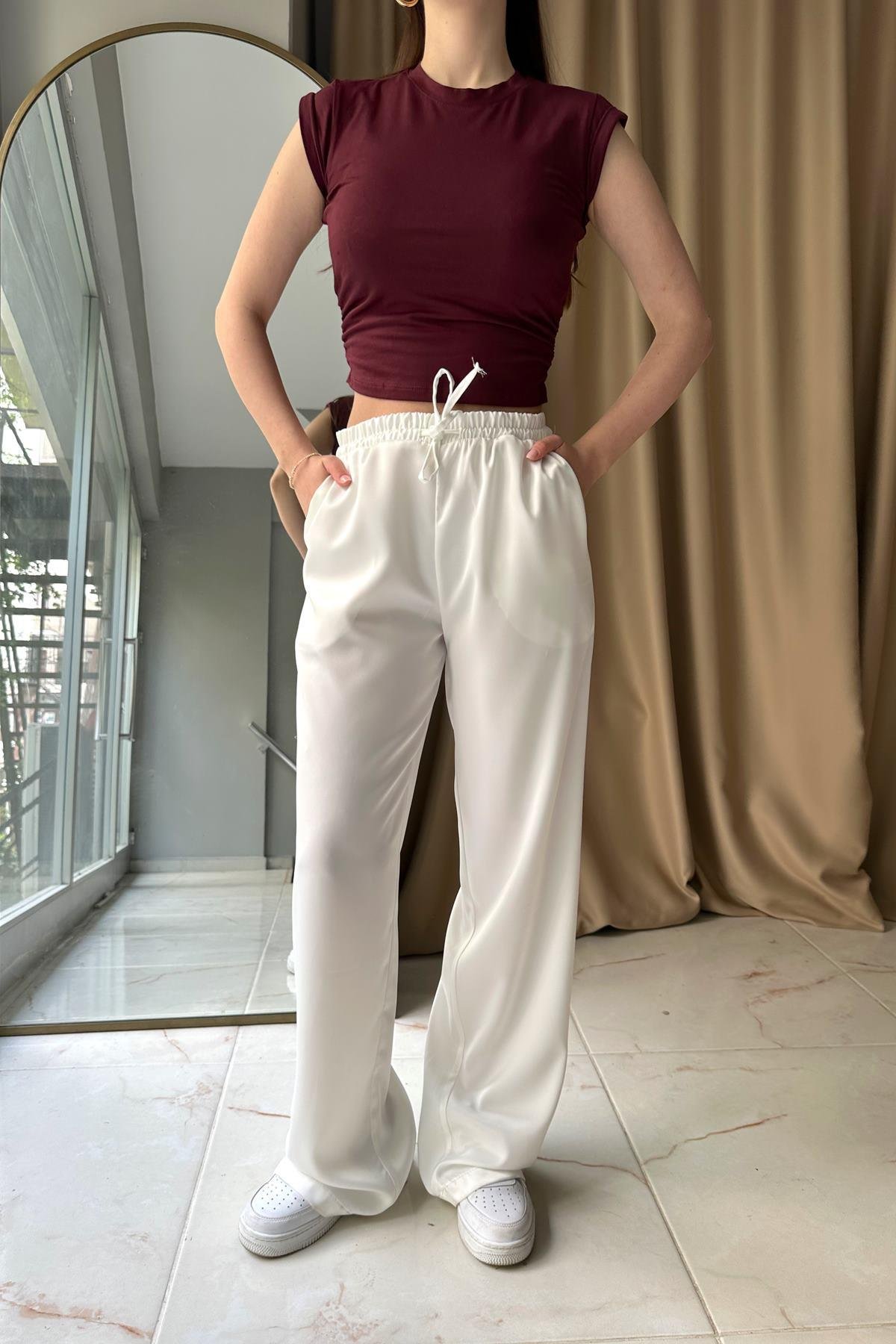 BELİ LASTİKLİ CEPLİ SATEN PANTOLON