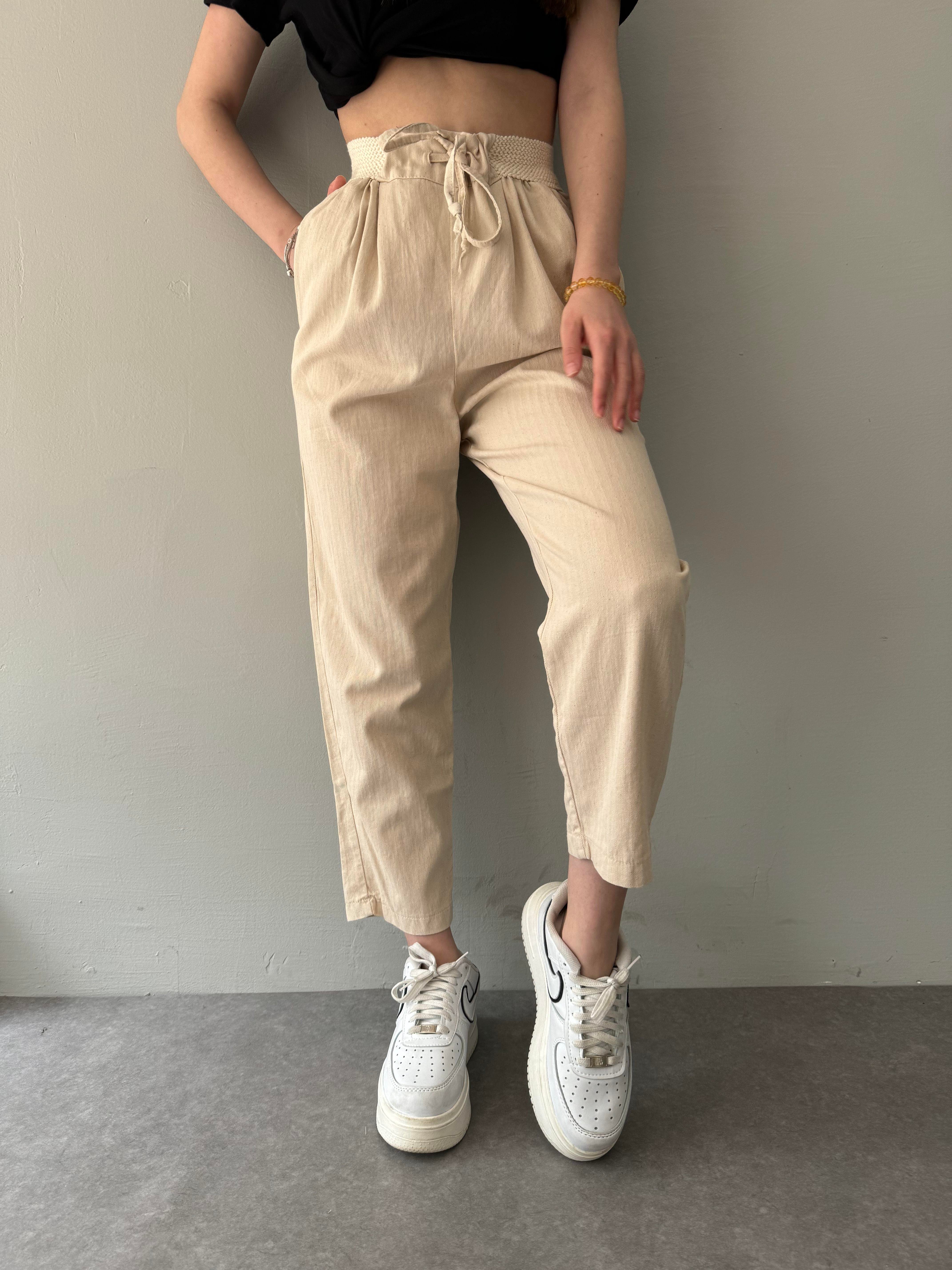 BELİ LASTİKLİ PİLELİ PANTALON