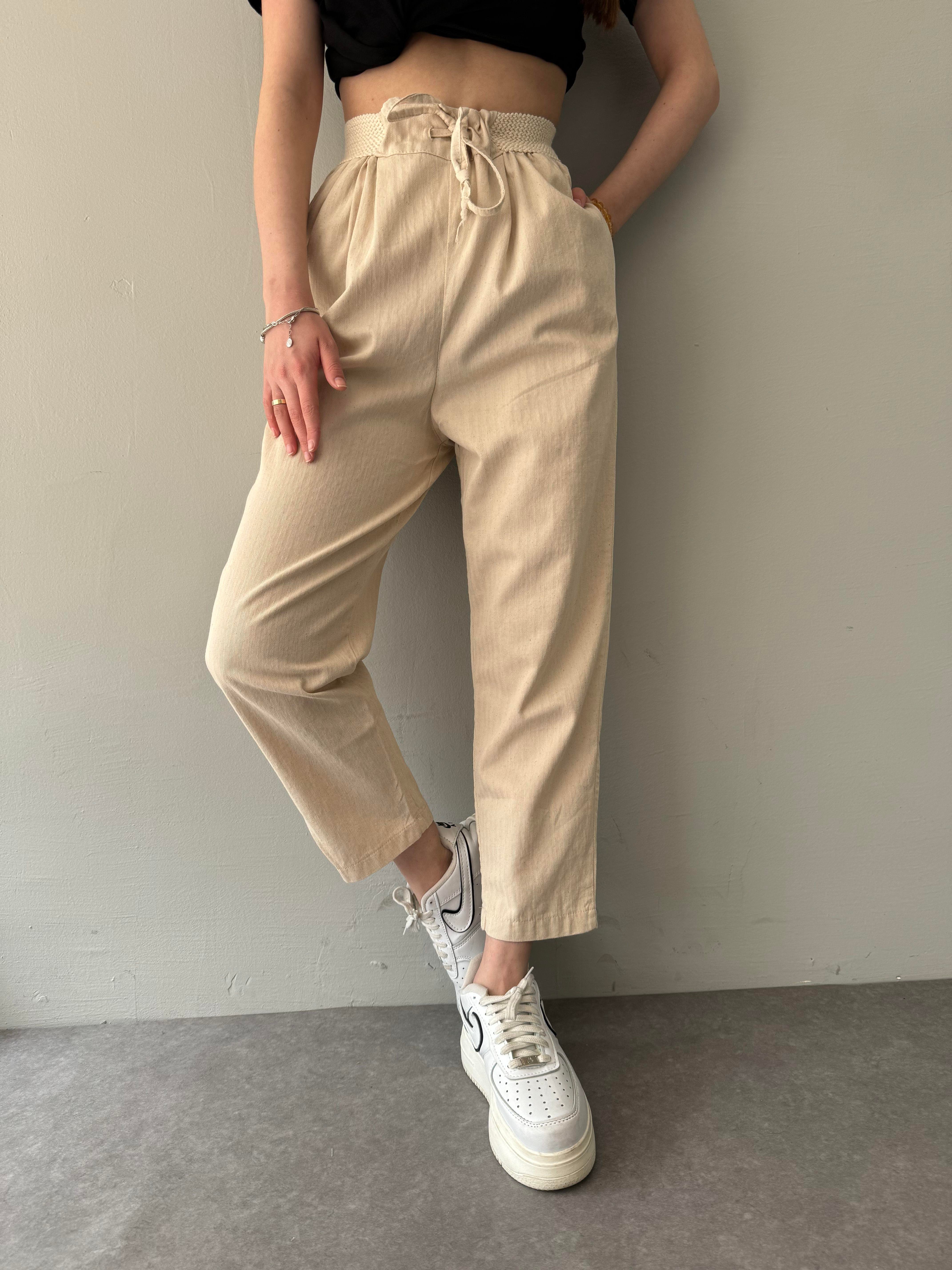 BELİ LASTİKLİ PİLELİ PANTALON