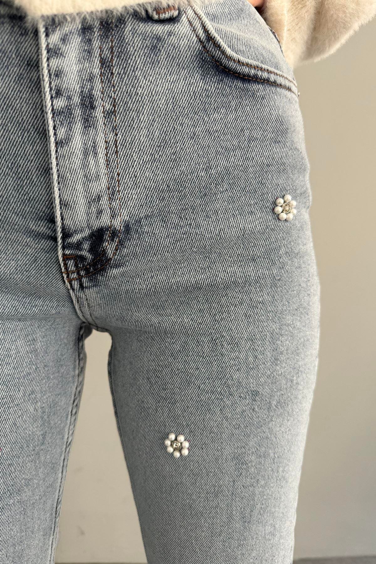 İNCİ TAŞLI ÇİÇEK DESEN MOM KOT PANTOLON