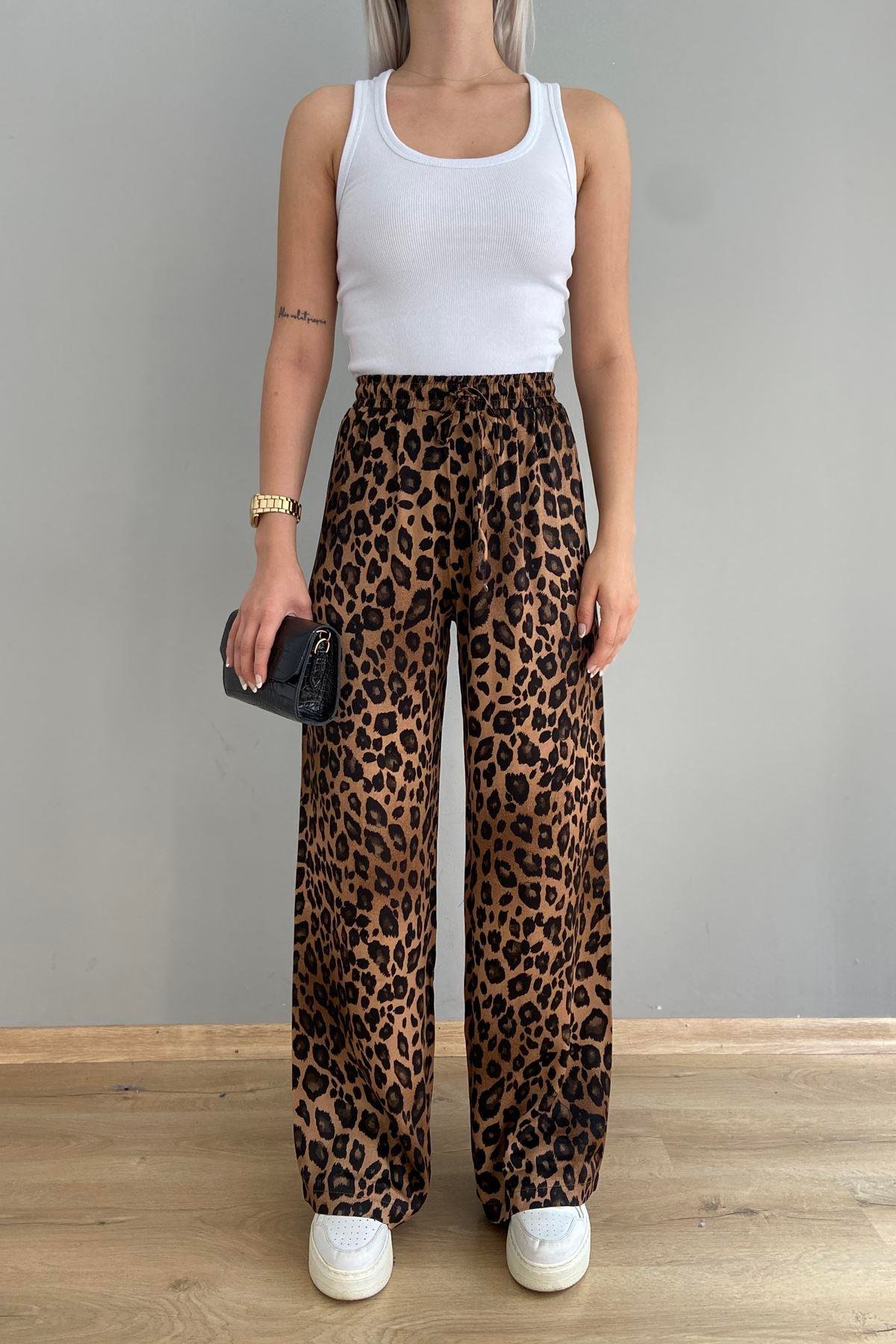 KAHVE LEOPAR DESENLİ BOL PANTOLON