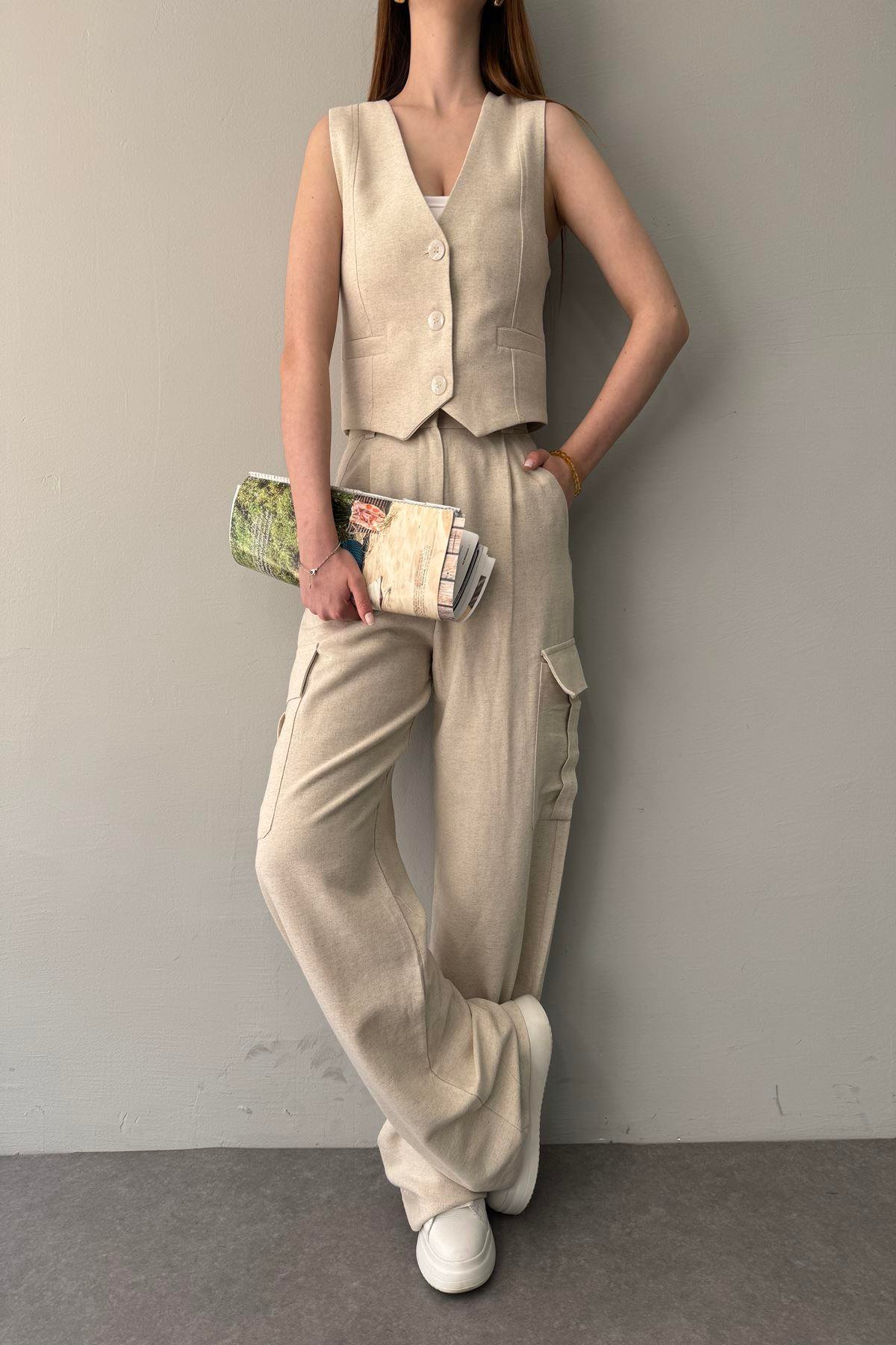 KARGO CEPLİ KETEN PANTOLON