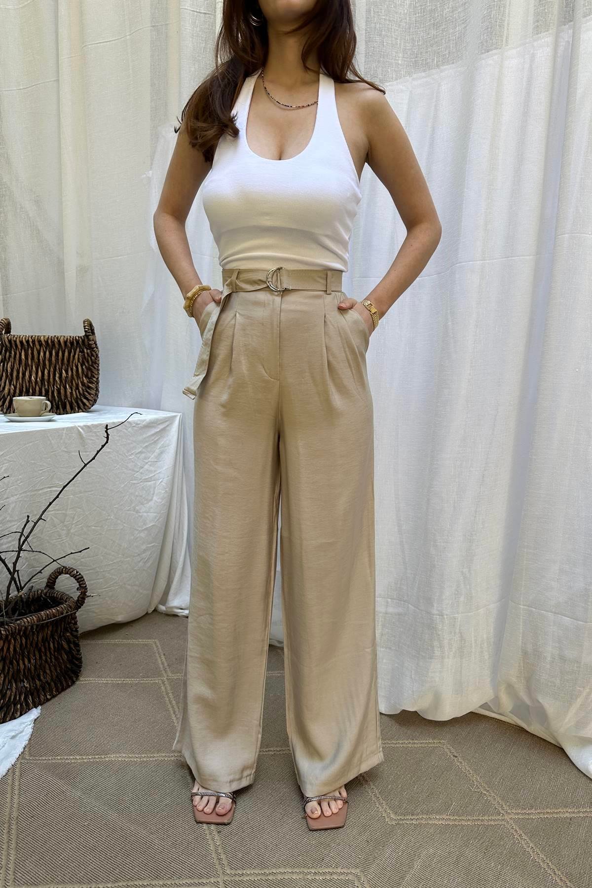KEMERLİ ÇİFT PİLELİ BOL PANTOLON