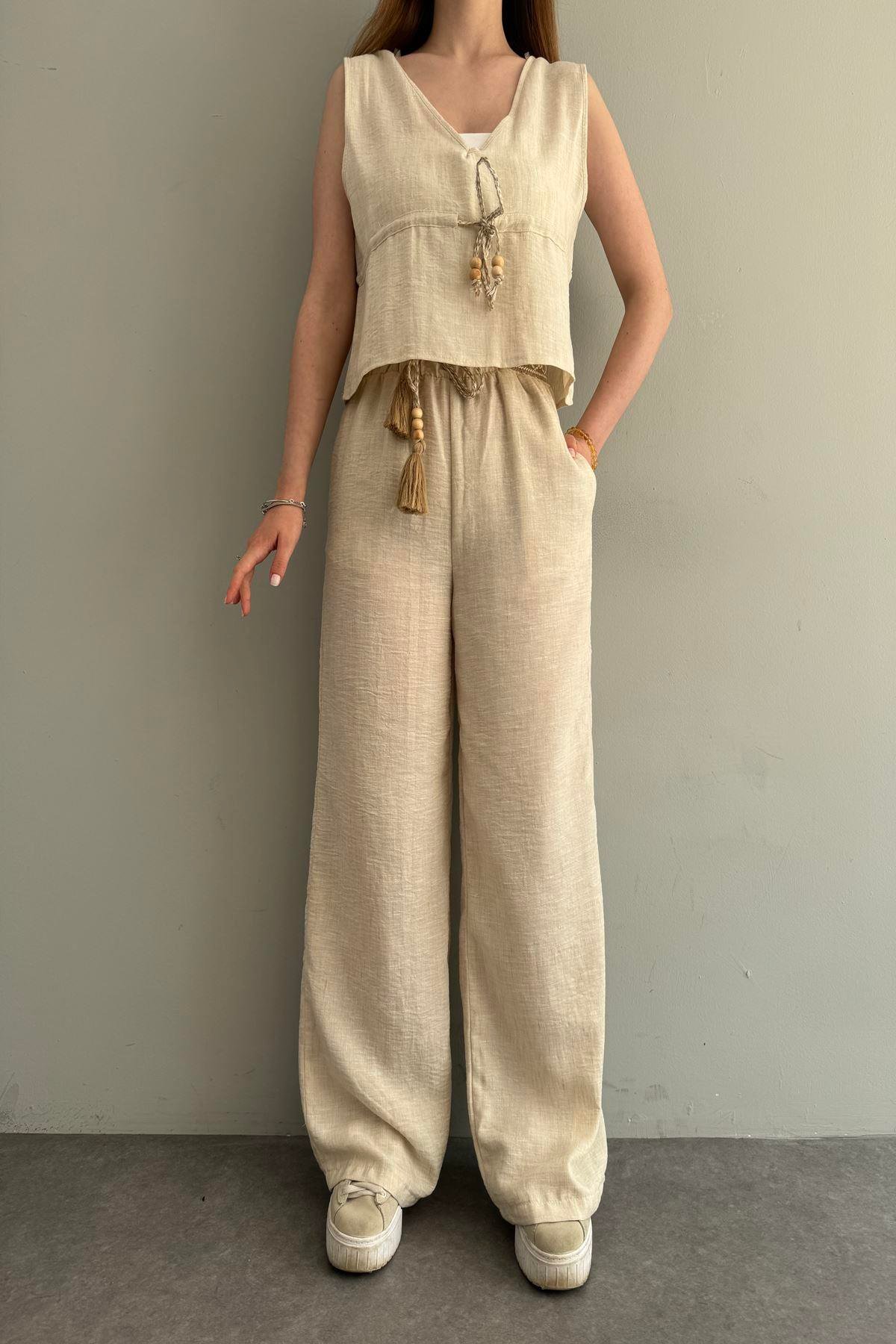 KEMERLİ KETEN PANTOLON