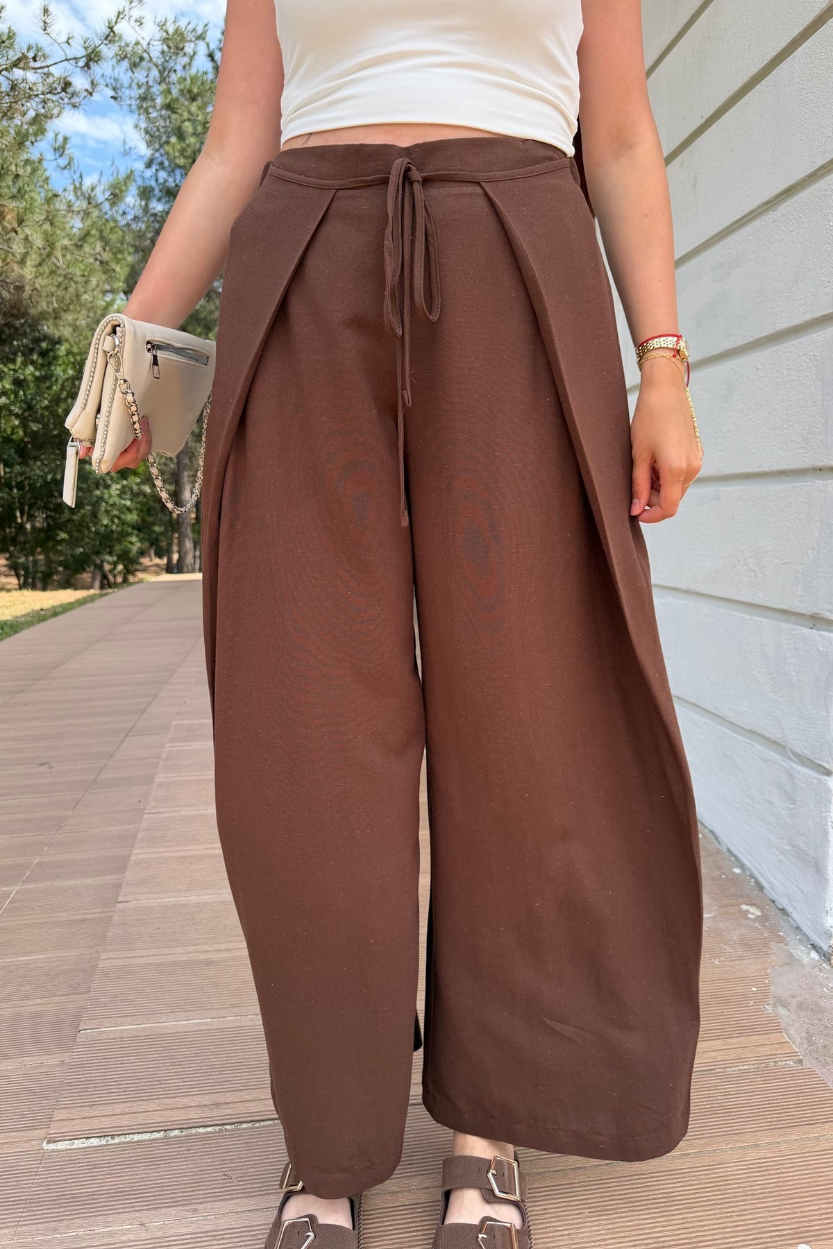KUŞAKLI BEL BAĞLAMALI KETEN PANTOLON