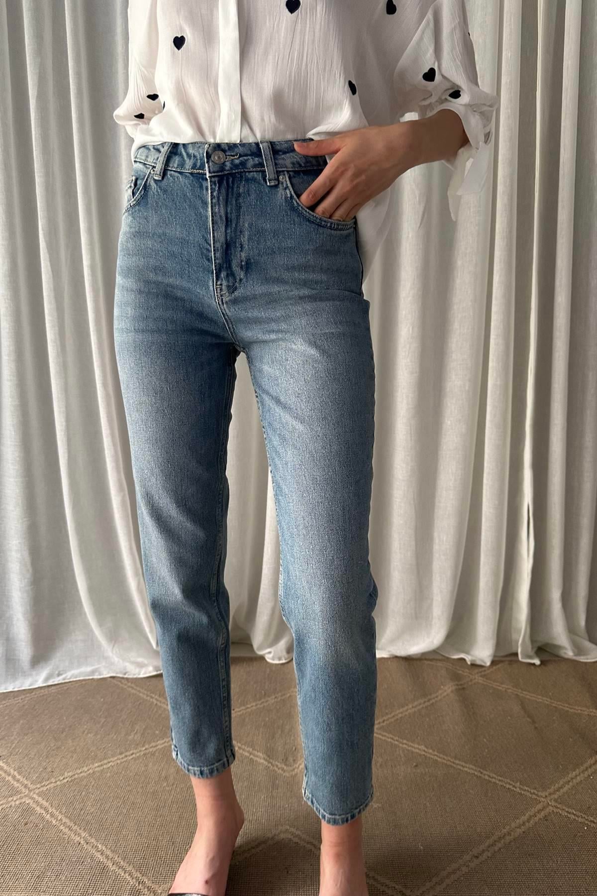 LAZER YIKAMALI LİKRALI MOM PANTOLON