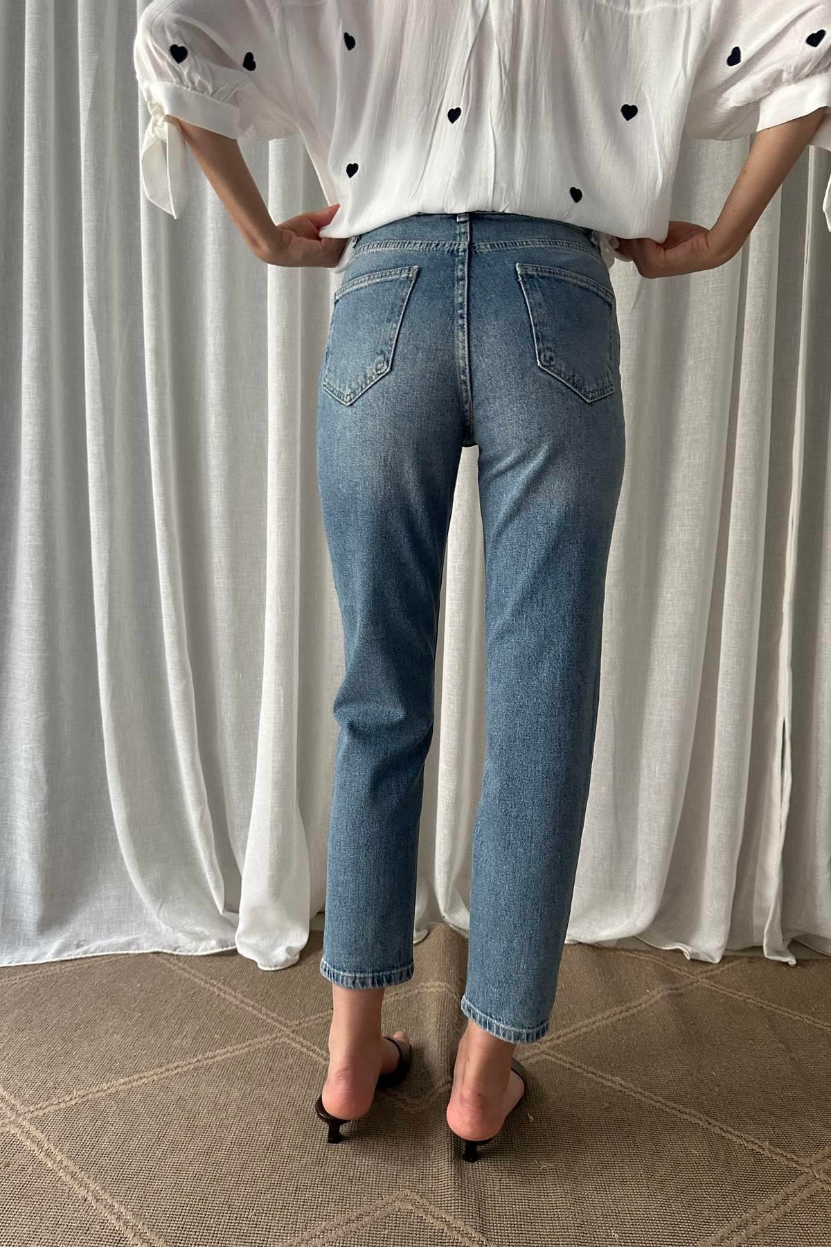 LAZER YIKAMALI LİKRALI MOM PANTOLON