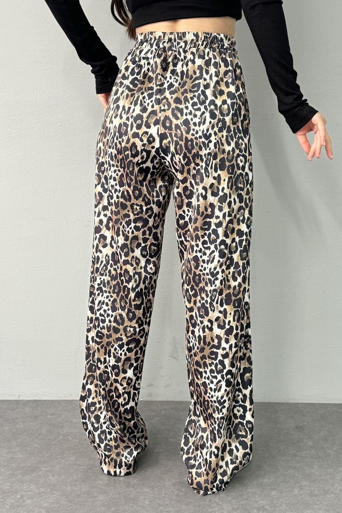 LEOPAR DESEN BEL LASTİKLİ CEPLİ SATEN PANTOLON