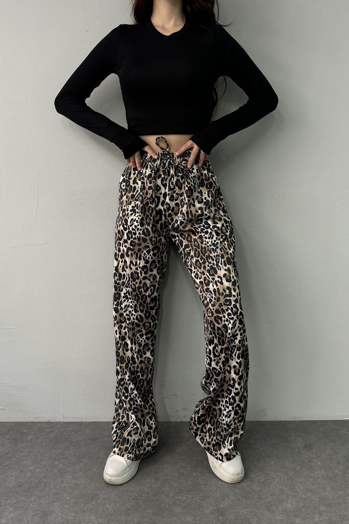 LEOPAR DESEN BEL LASTİKLİ CEPLİ SATEN PANTOLON