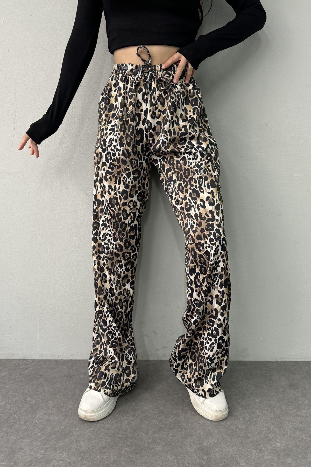 LEOPAR DESEN BEL LASTİKLİ CEPLİ SATEN PANTOLON
