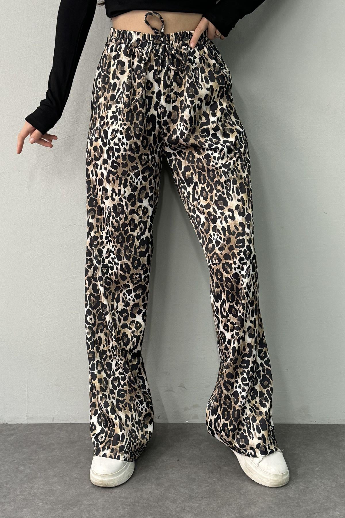 LEOPAR DESEN BEL LASTİKLİ CEPLİ SATEN PANTOLON