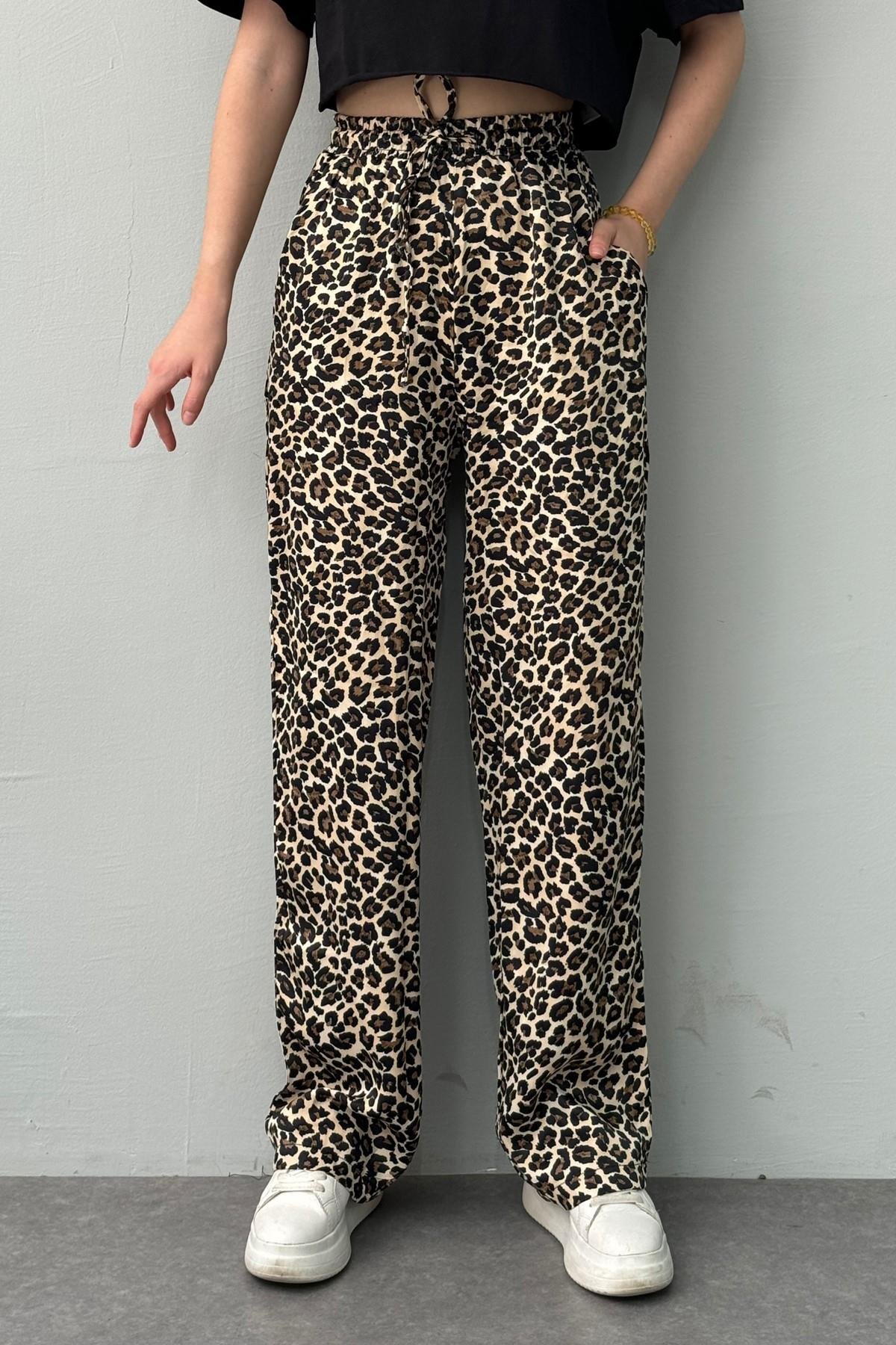 LEOPAR DESEN SATEN PANTOLON
