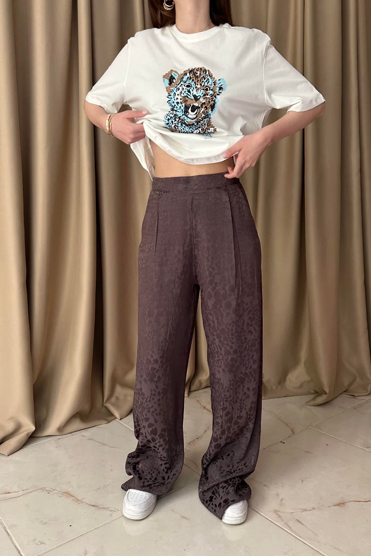 LEOPAR DESEN SATEN PANTOLON