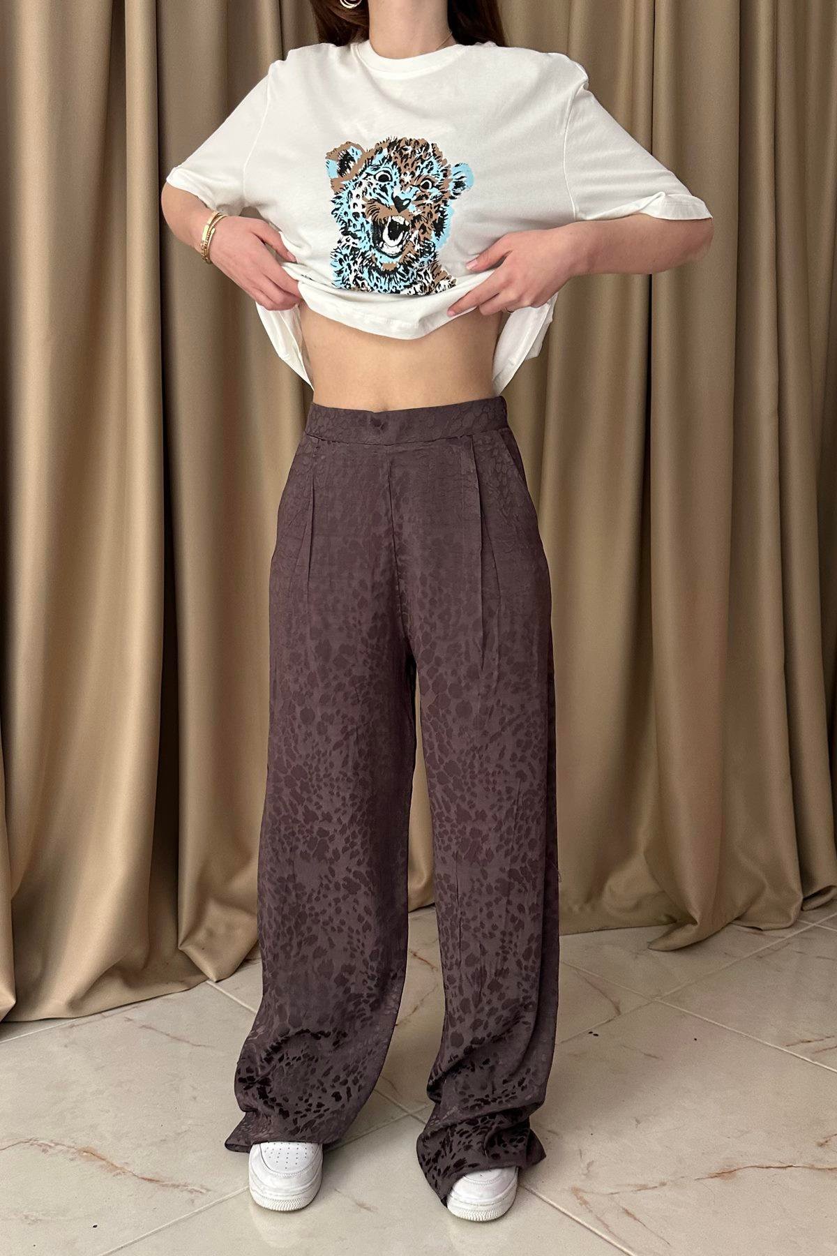 LEOPAR DESEN SATEN PANTOLON
