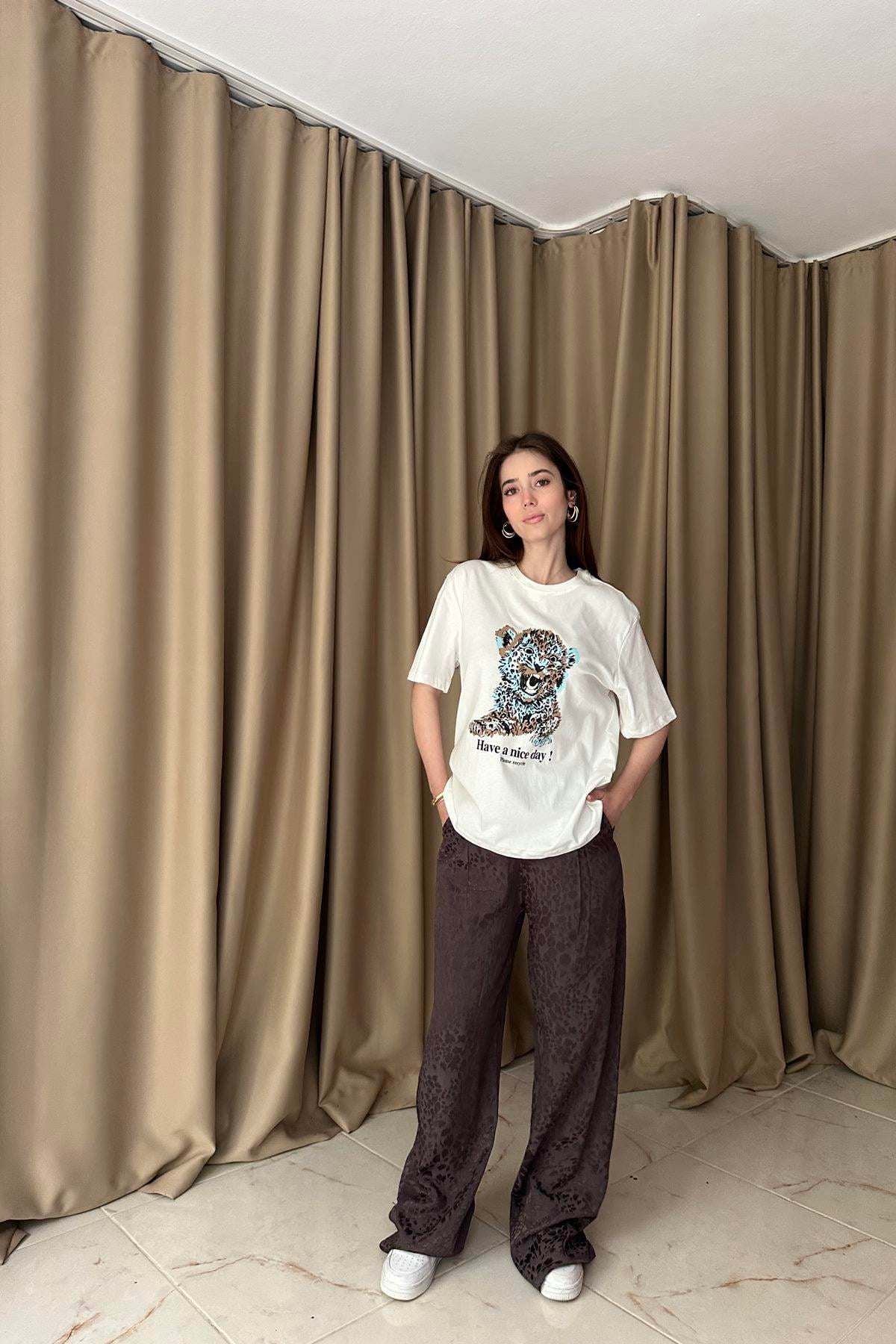 LEOPAR DESEN SATEN PANTOLON