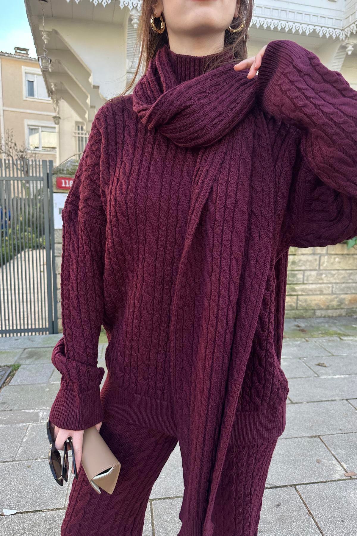SAÇ ÖRGÜ DESEN ŞALLI PANTOLONLU TRIKO TAKIM