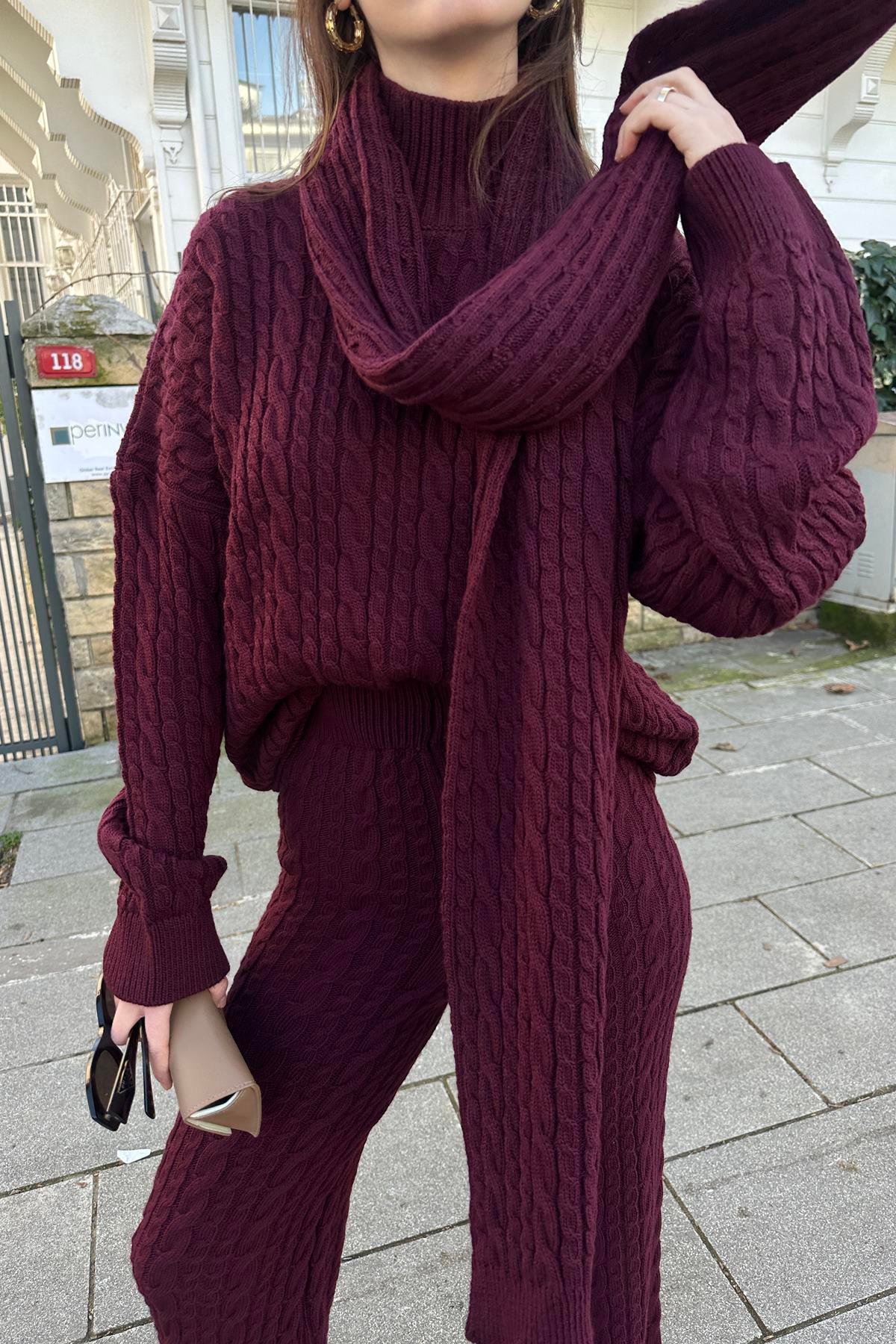 SAÇ ÖRGÜ DESEN ŞALLI PANTOLONLU TRIKO TAKIM
