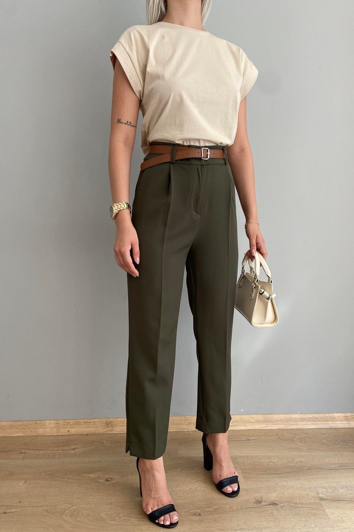 PAÇA YIRTMAÇLI KEMERLİ PANTALON