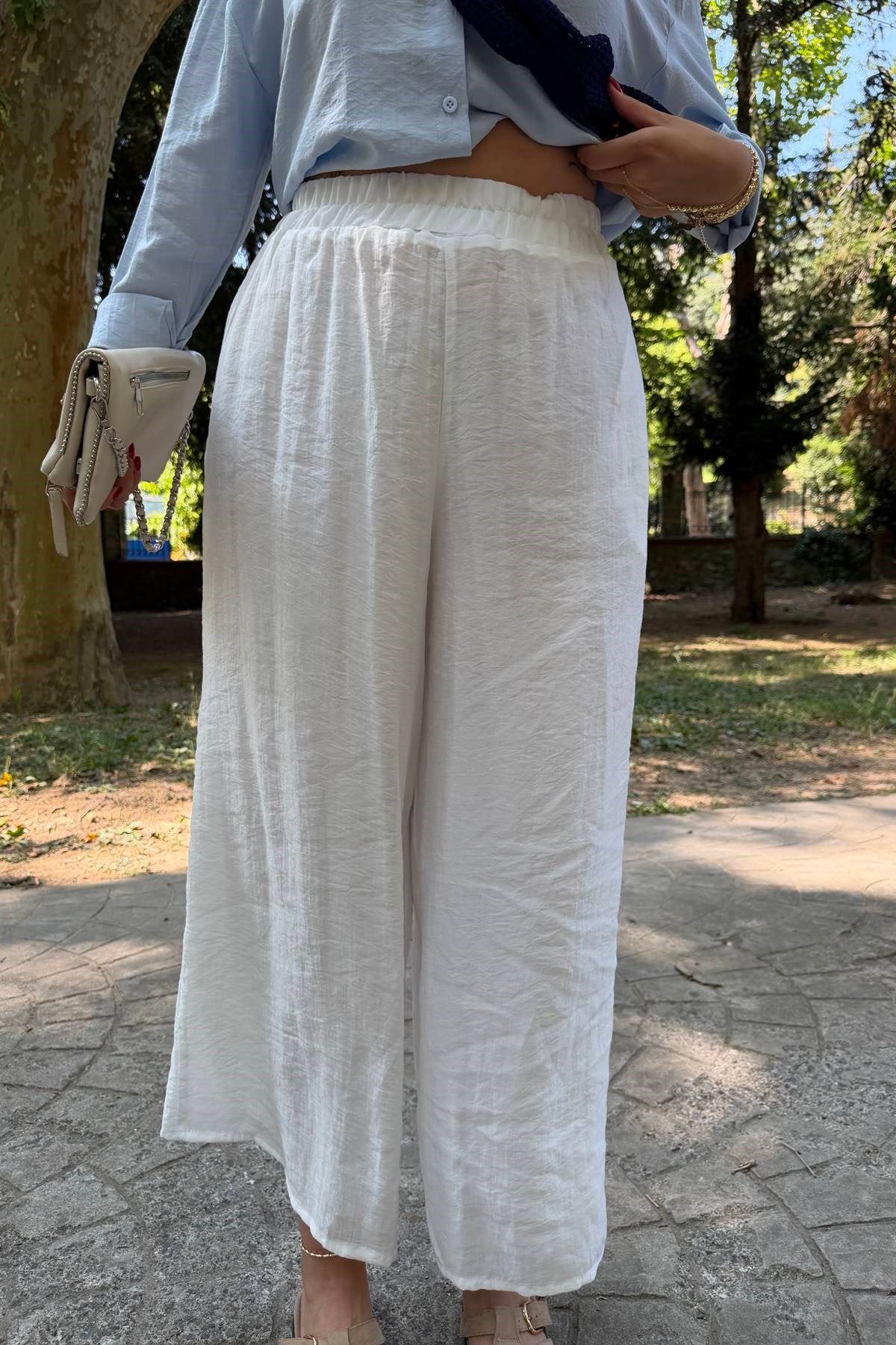 YAN CEPLİ BEL LASTİKLİ TÜL PANTOLON