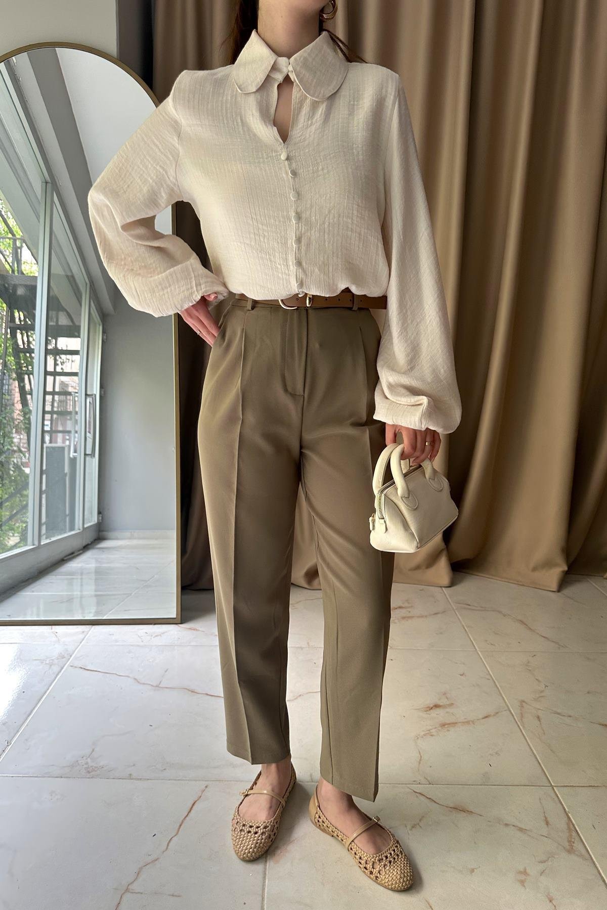 YÜKSEK BEL KEMERLİ PENSLİ PANTOLON